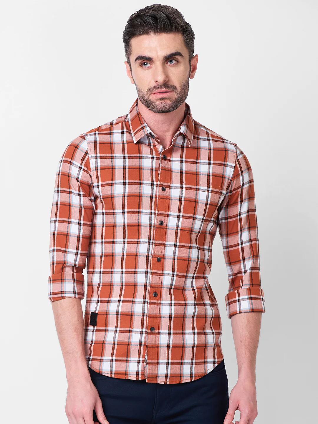 Full Sleeves Slim Fit Rust Checks Shirt - Image 3