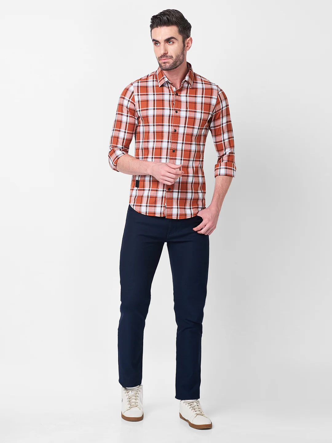 Full Sleeves Slim Fit Rust Checks Shirt - Image 4