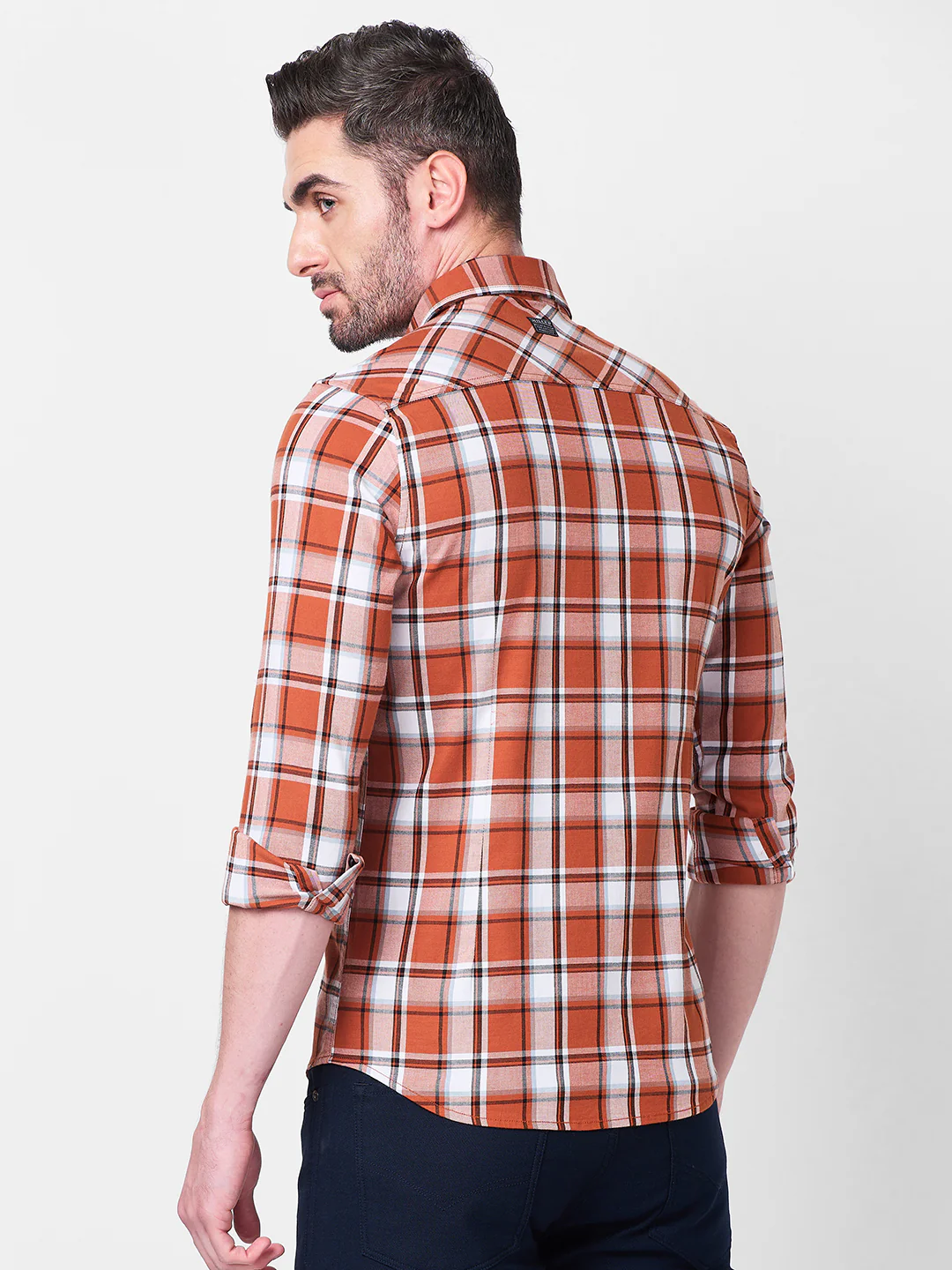 Full Sleeves Slim Fit Rust Checks Shirt - Image 5