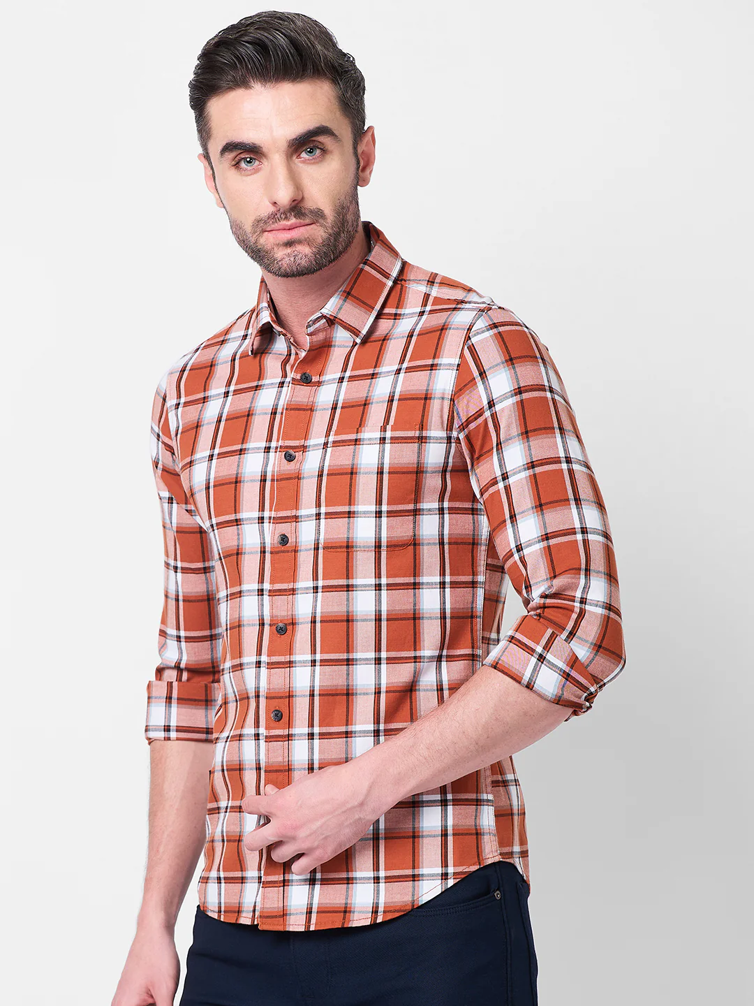 Full Sleeves Slim Fit Rust Checks Shirt - Image 6