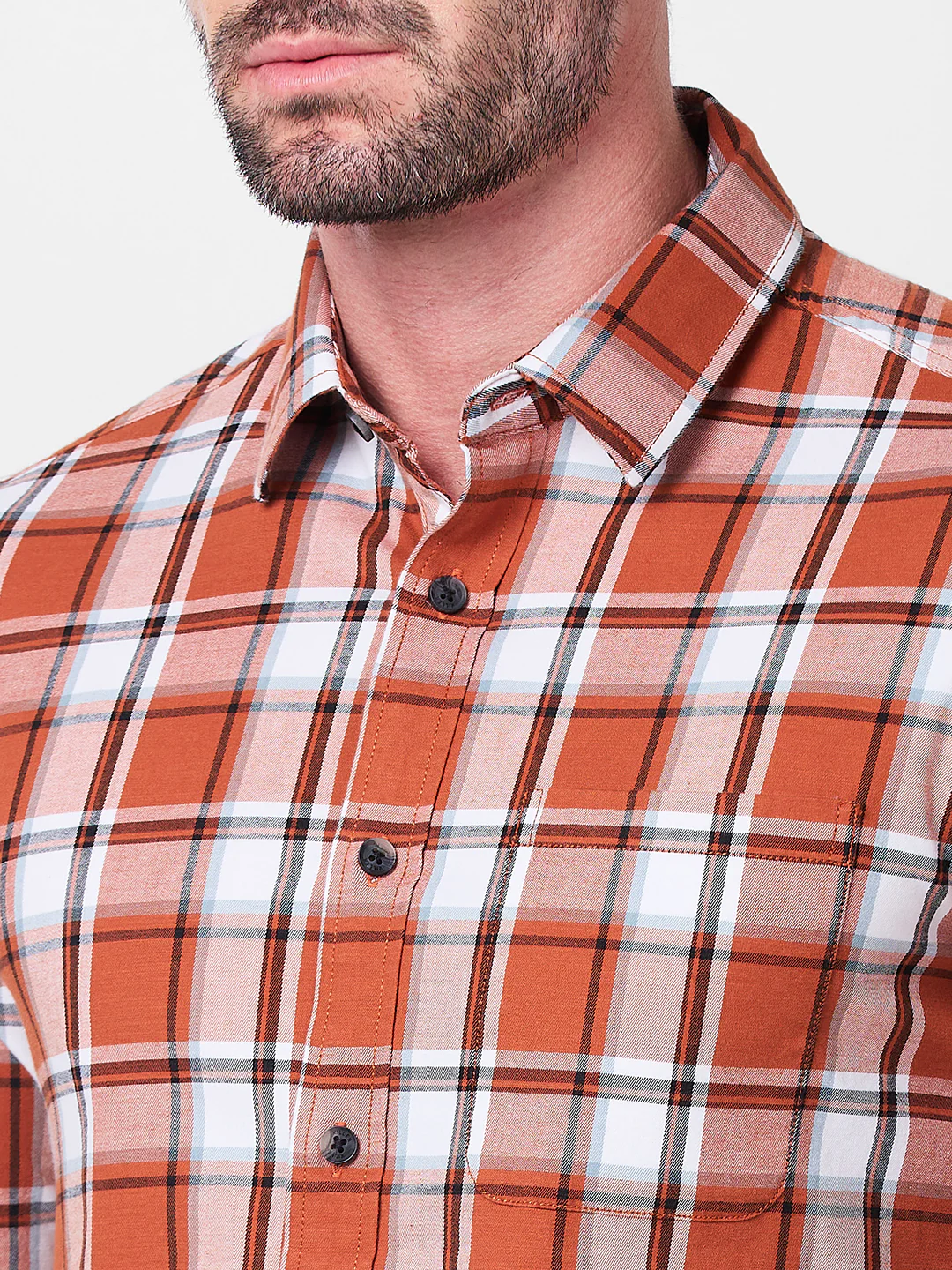 Full Sleeves Slim Fit Rust Checks Shirt - Image 7