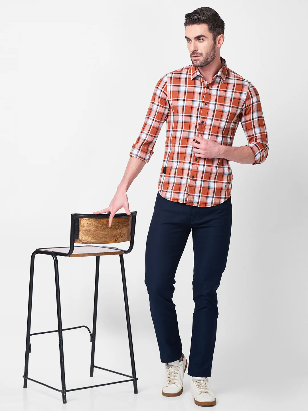 Full Sleeves Slim Fit Rust Checks Shirt - Image 8