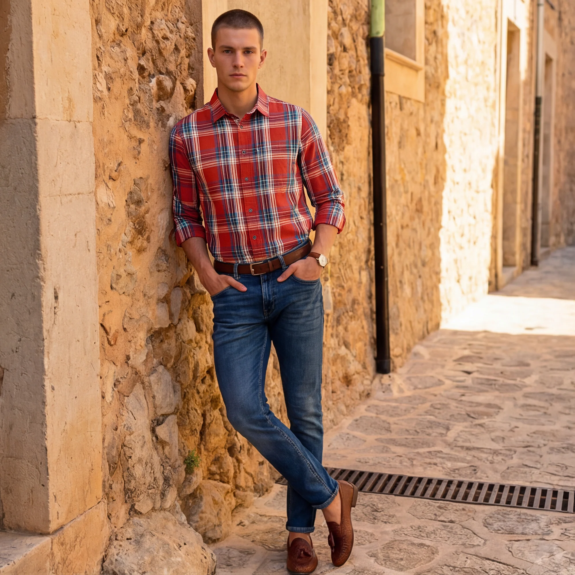 Full Sleeves Slim Fit Rust Checks Shirt