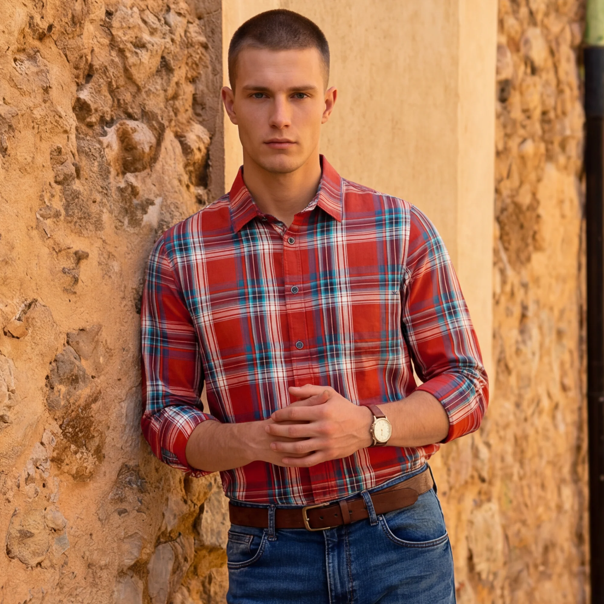 Full Sleeves Slim Fit Rust Checks Shirt - Image 2