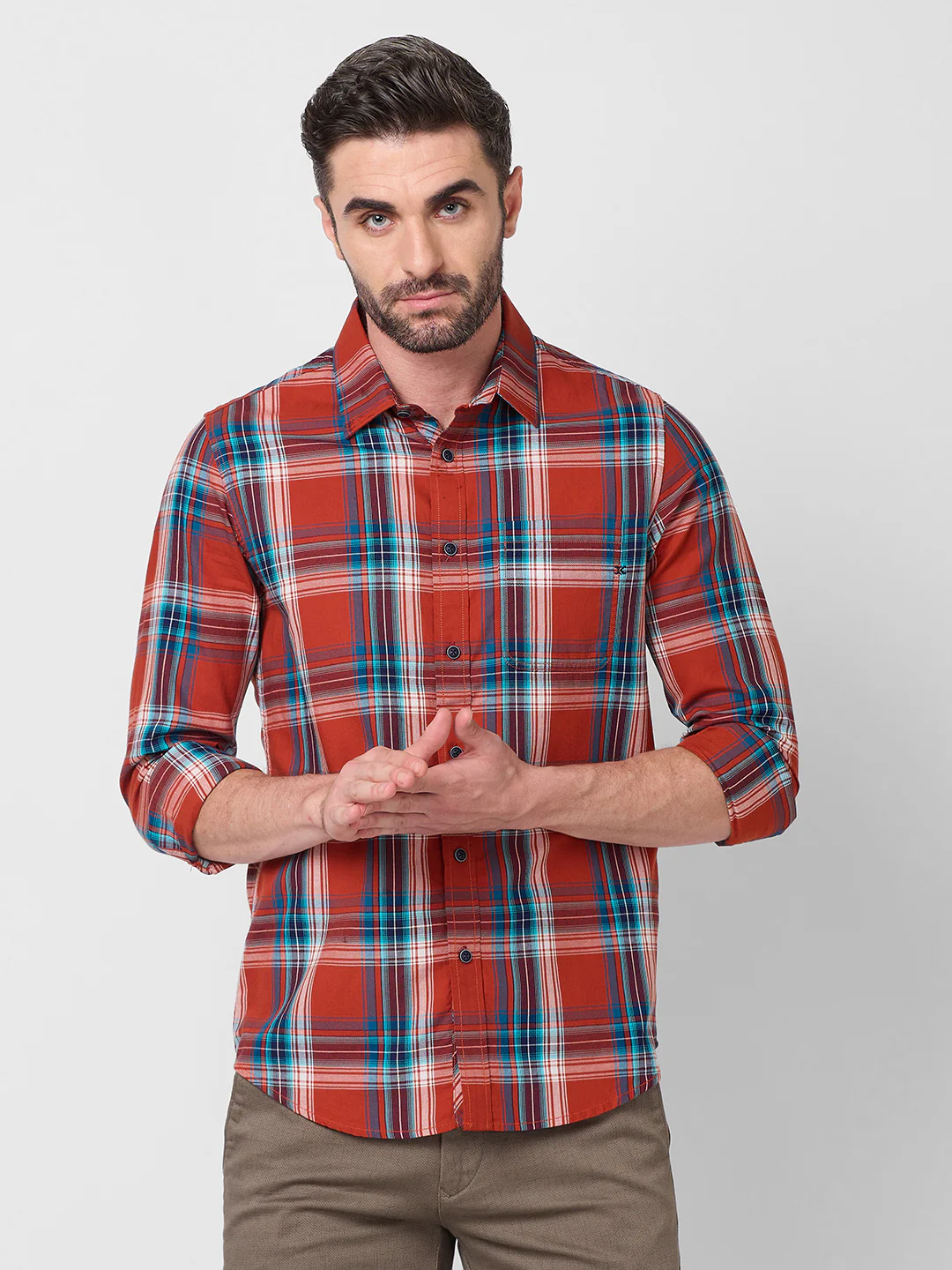 Full Sleeves Slim Fit Rust Checks Shirt - Image 3