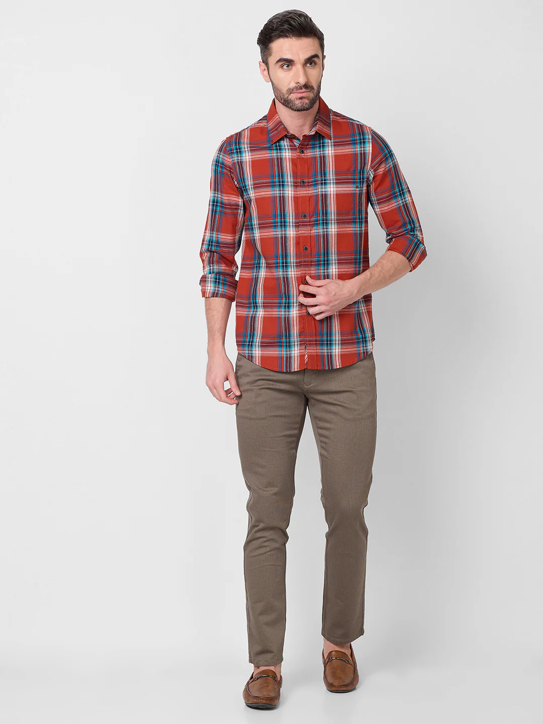 Full Sleeves Slim Fit Rust Checks Shirt - Image 4