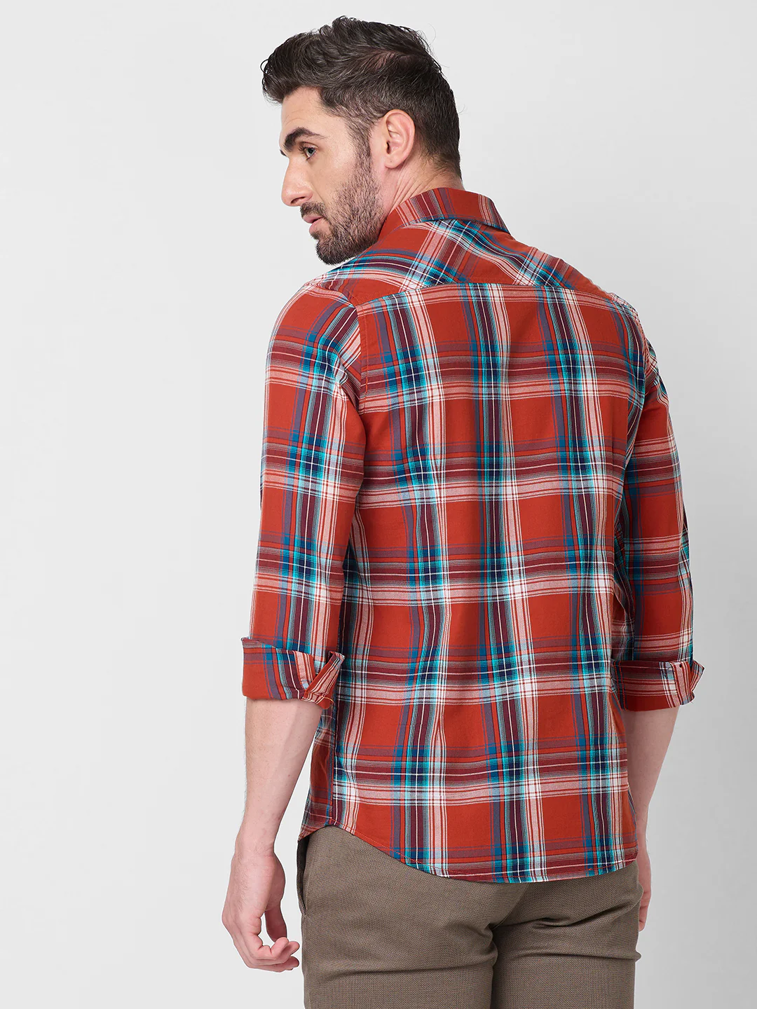 Full Sleeves Slim Fit Rust Checks Shirt - Image 5