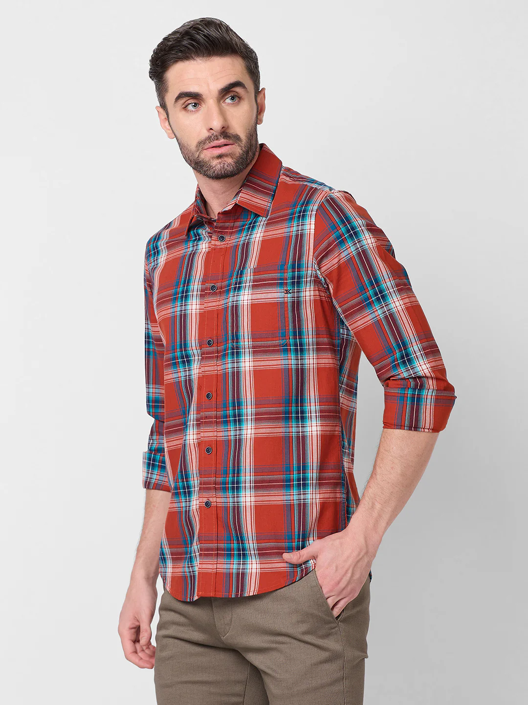 Full Sleeves Slim Fit Rust Checks Shirt - Image 6