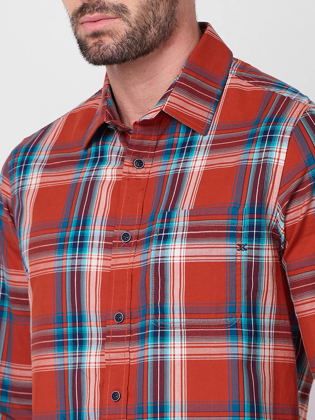 Full Sleeves Slim Fit Rust Checks Shirt - Image 7