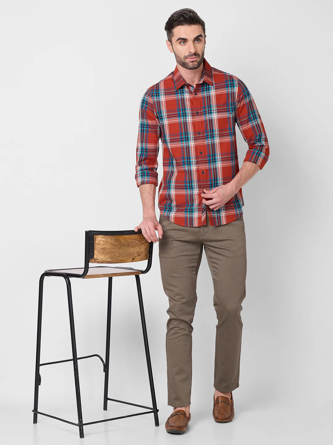 Full Sleeves Slim Fit Rust Checks Shirt - Image 8