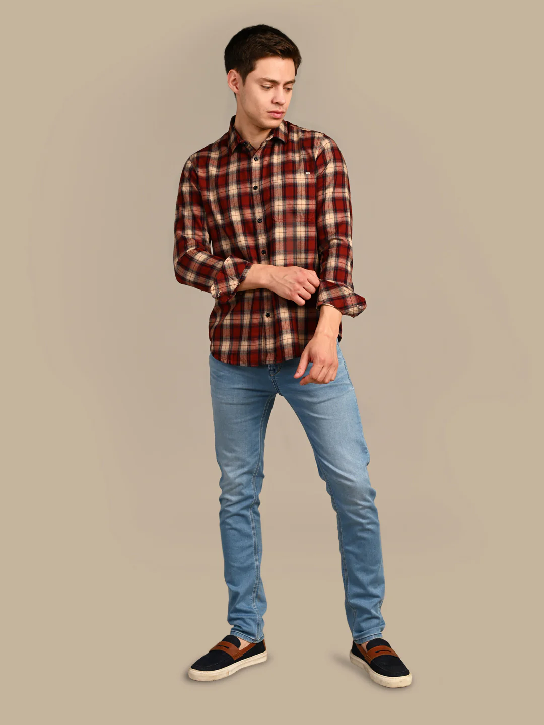 Full Sleeves Slim Fit Rust Mild Brushed Checks Shirt - Image 3