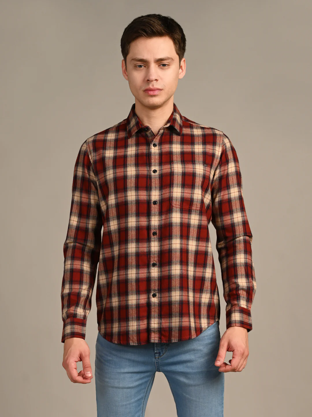 Full Sleeves Slim Fit Rust Mild Brushed Checks Shirt - Image 4