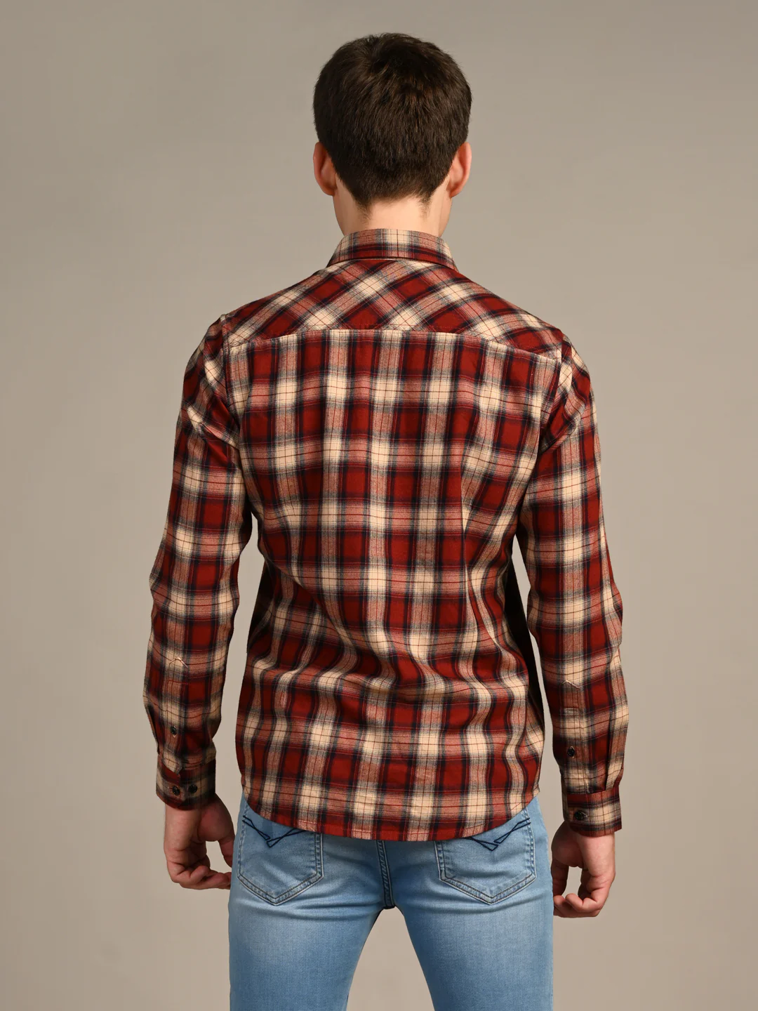 Full Sleeves Slim Fit Rust Mild Brushed Checks Shirt - Image 7