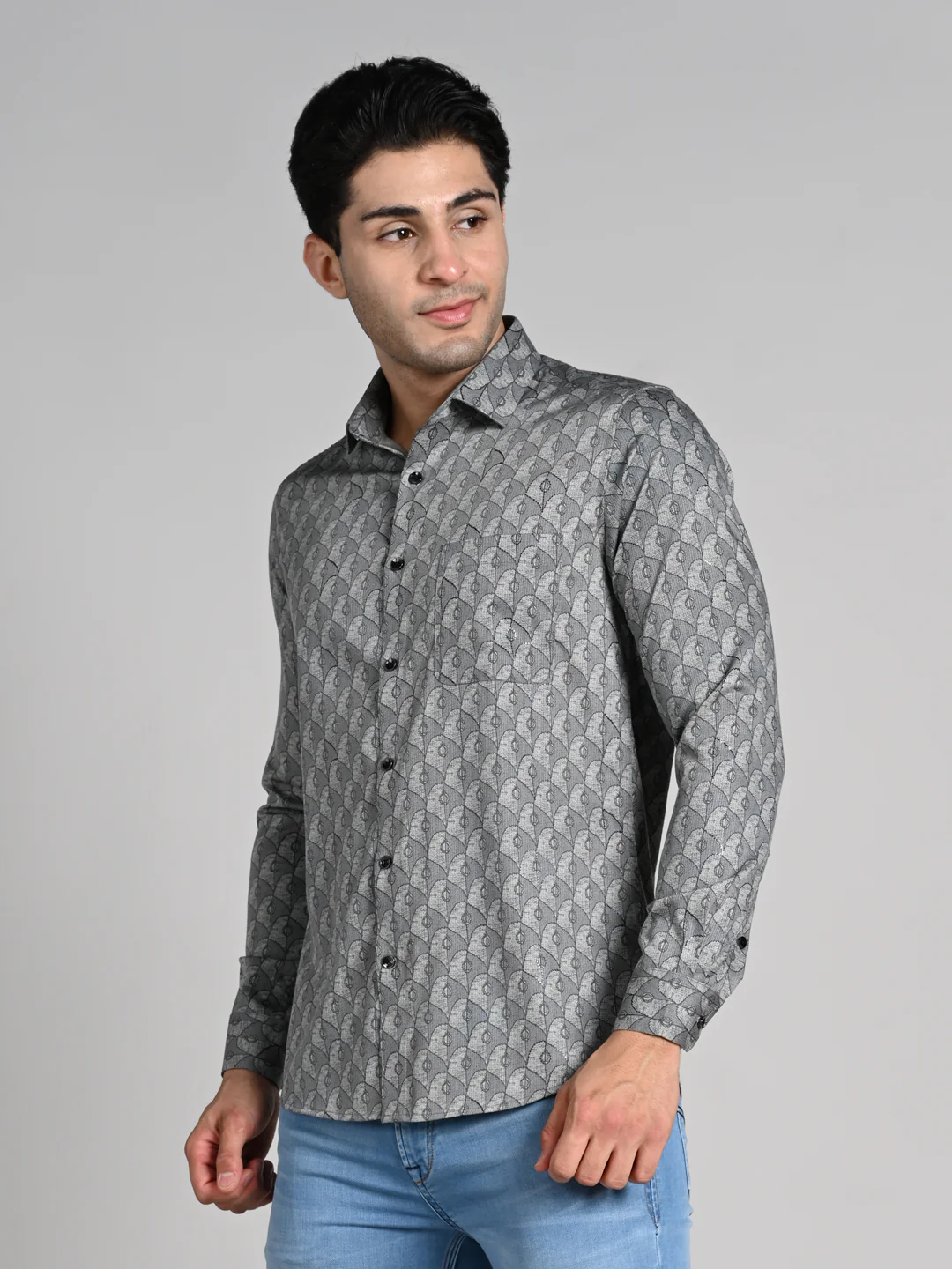Full Sleeves Slim Fit Grey All over Geometric Motif Foil Textured Print Shirt - Image 6