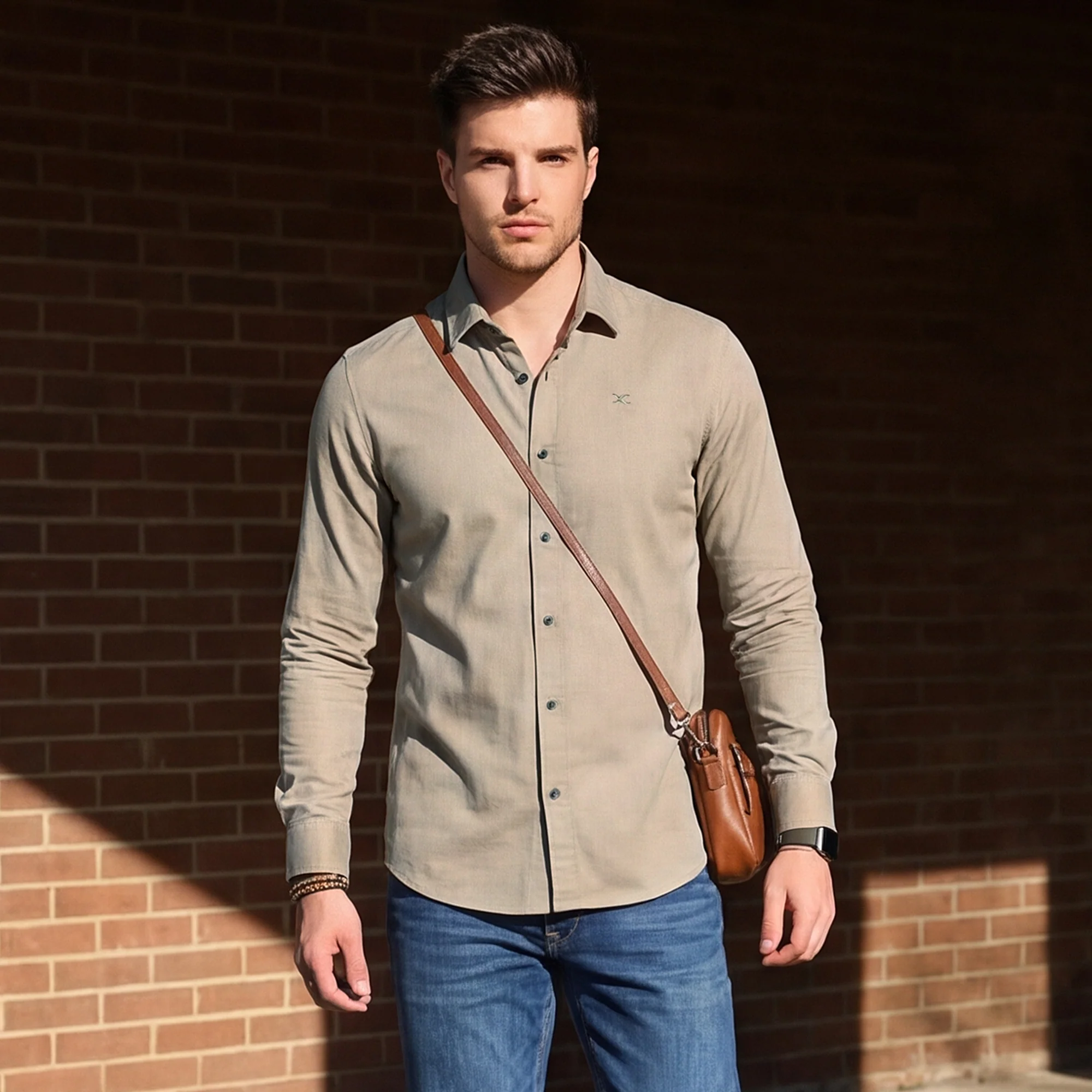 Full Sleeves Slim Fit Beige Heavy Dobby Solid Shirt - Image 2