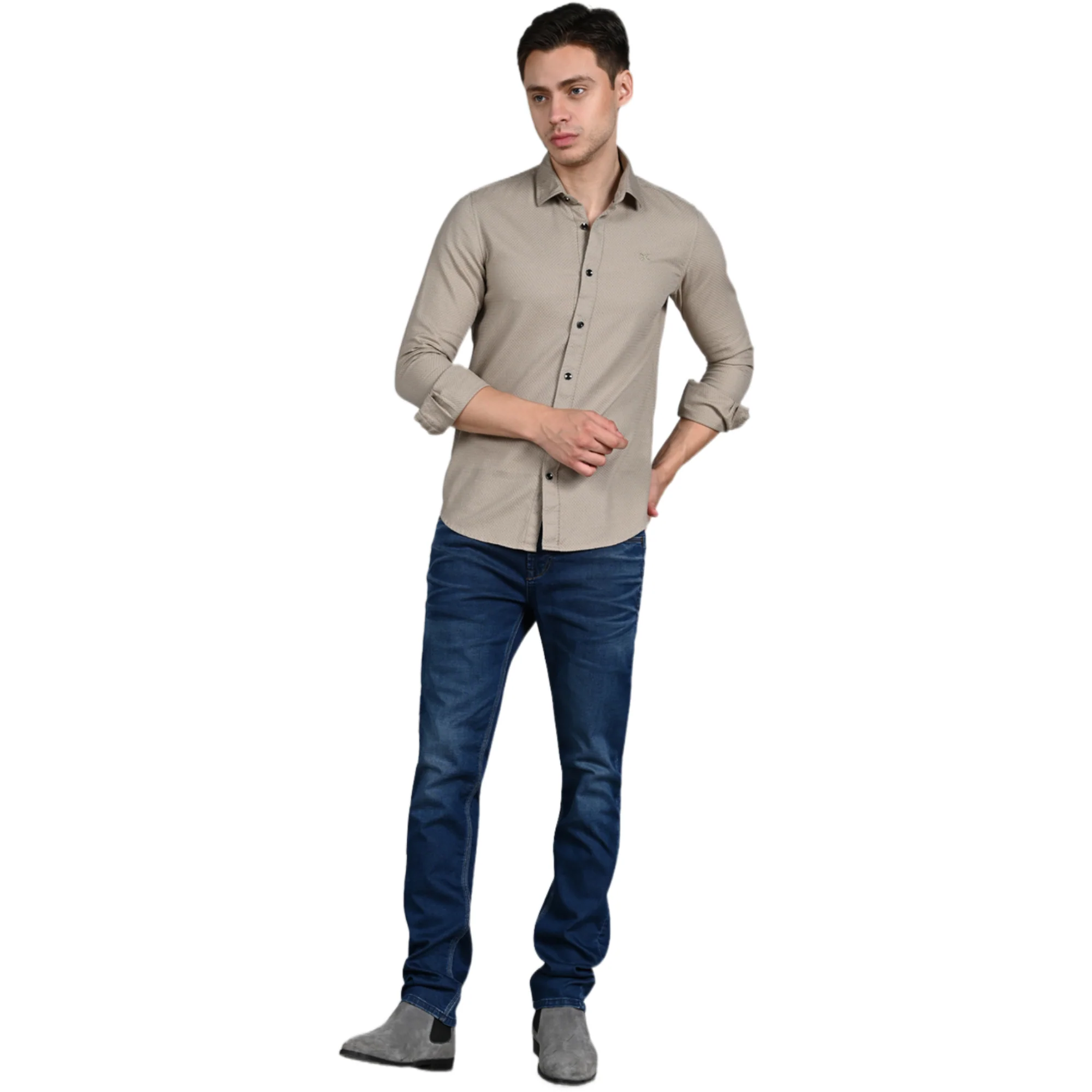 Full Sleeves Slim Fit Beige Heavy Dobby Solid Shirt - Image 3
