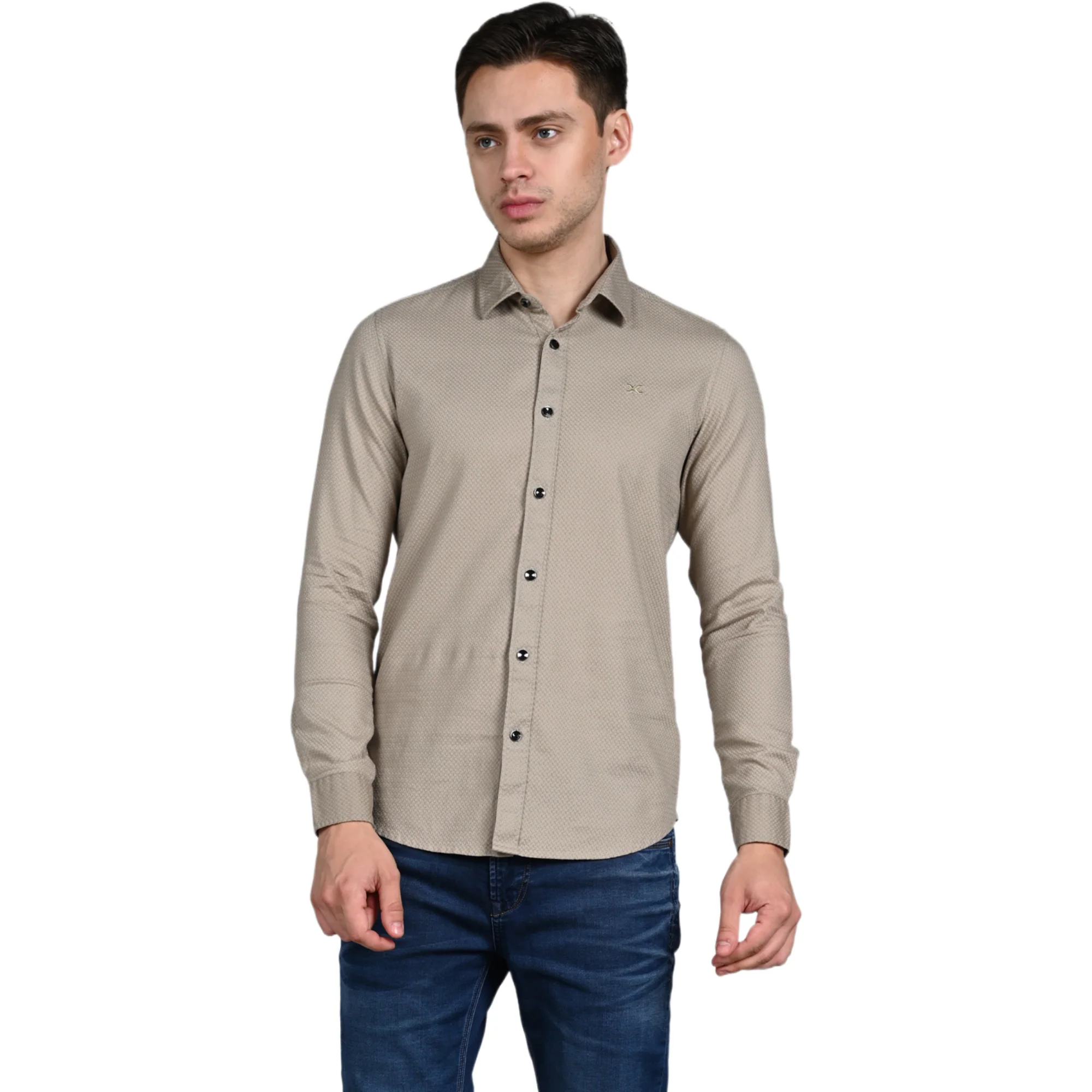 Full Sleeves Slim Fit Beige Heavy Dobby Solid Shirt - Image 4