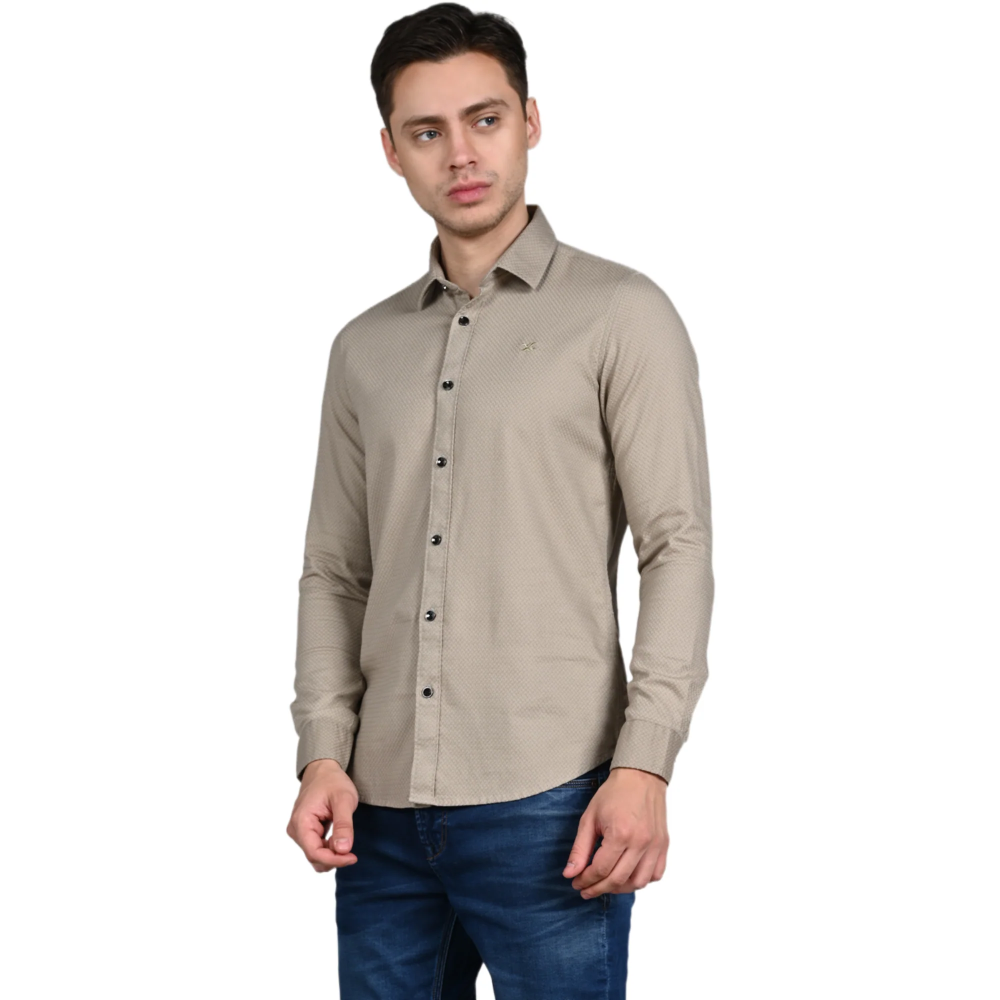 Full Sleeves Slim Fit Beige Heavy Dobby Solid Shirt - Image 5