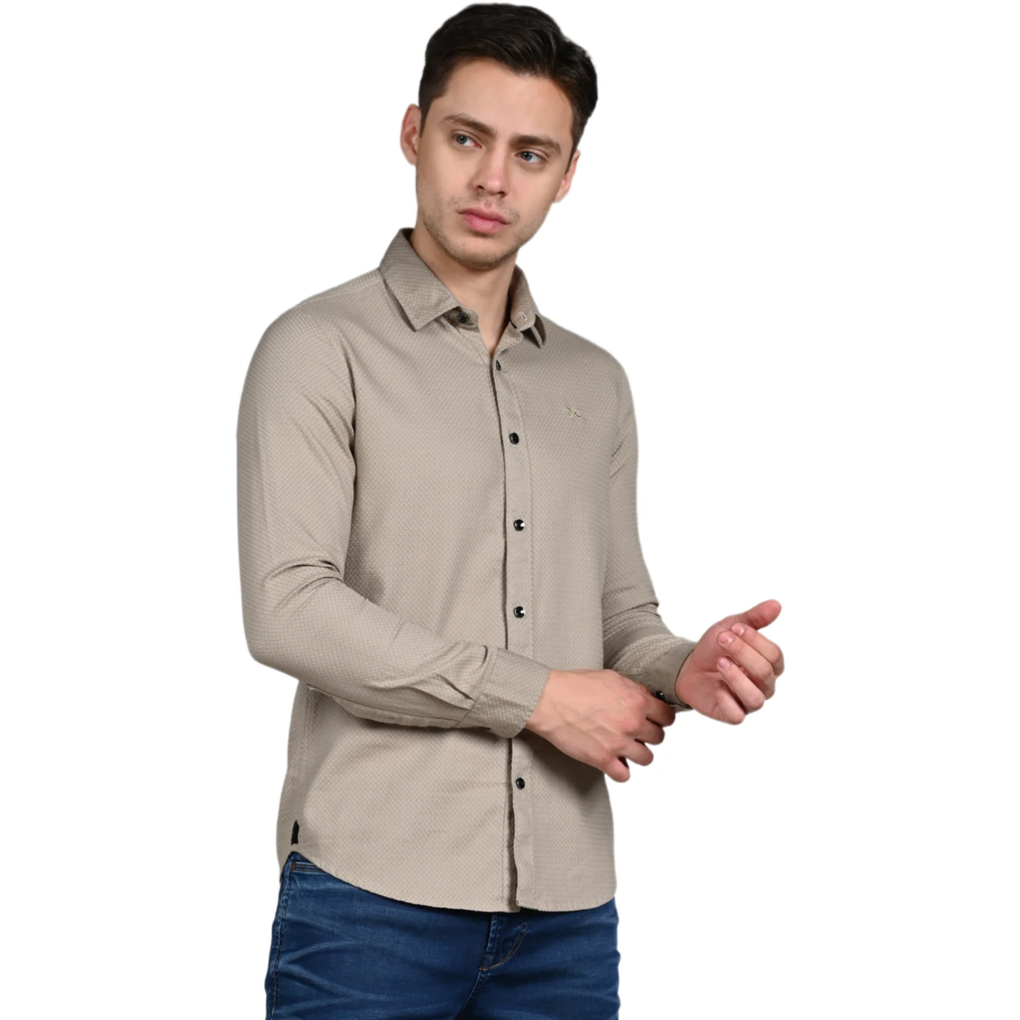 Full Sleeves Slim Fit Beige Heavy Dobby Solid Shirt - Image 6