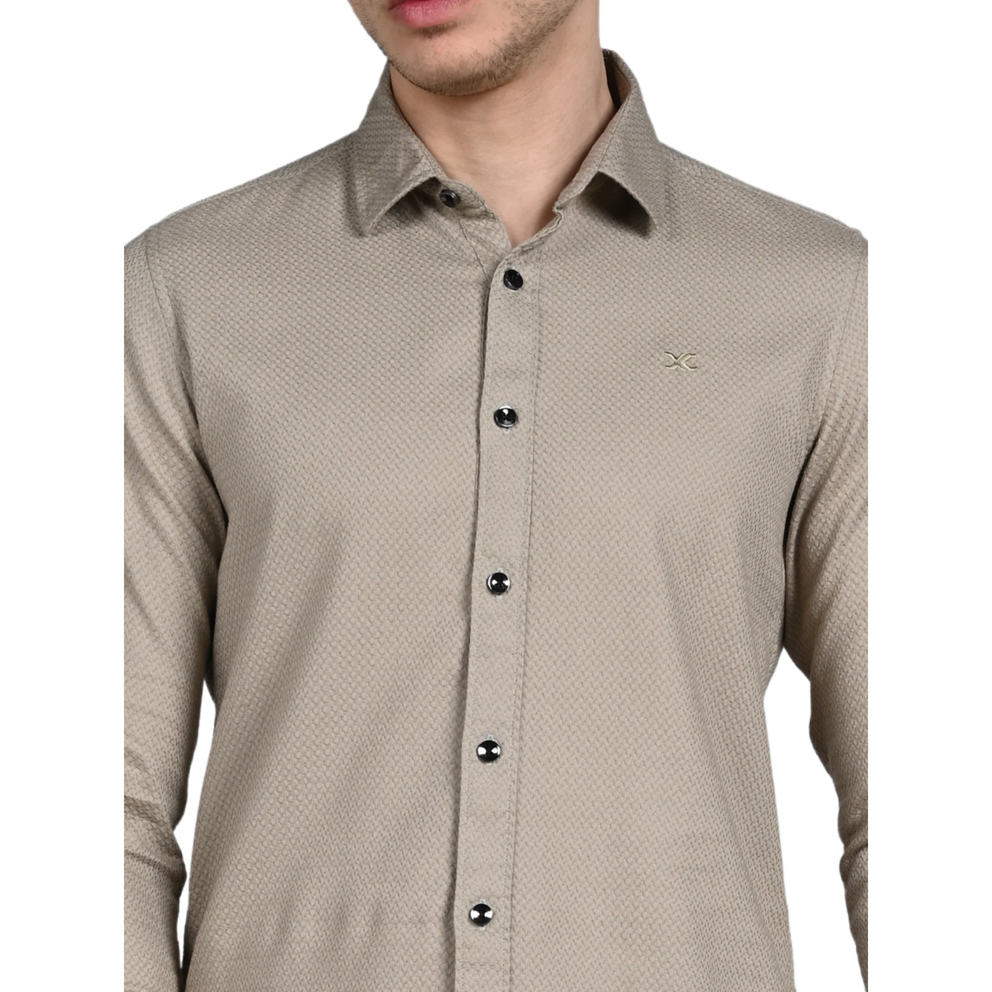 Full Sleeves Slim Fit Beige Heavy Dobby Solid Shirt - Image 7