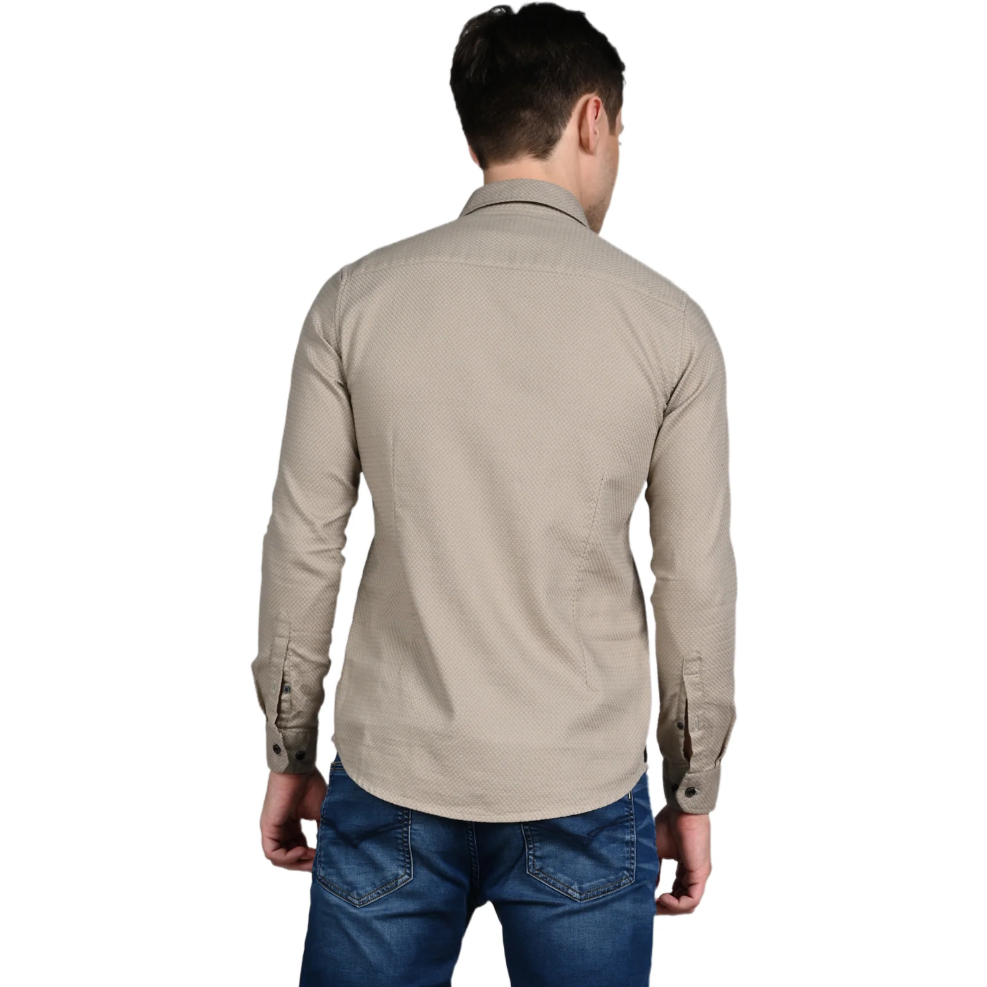Full Sleeves Slim Fit Beige Heavy Dobby Solid Shirt - Image 8