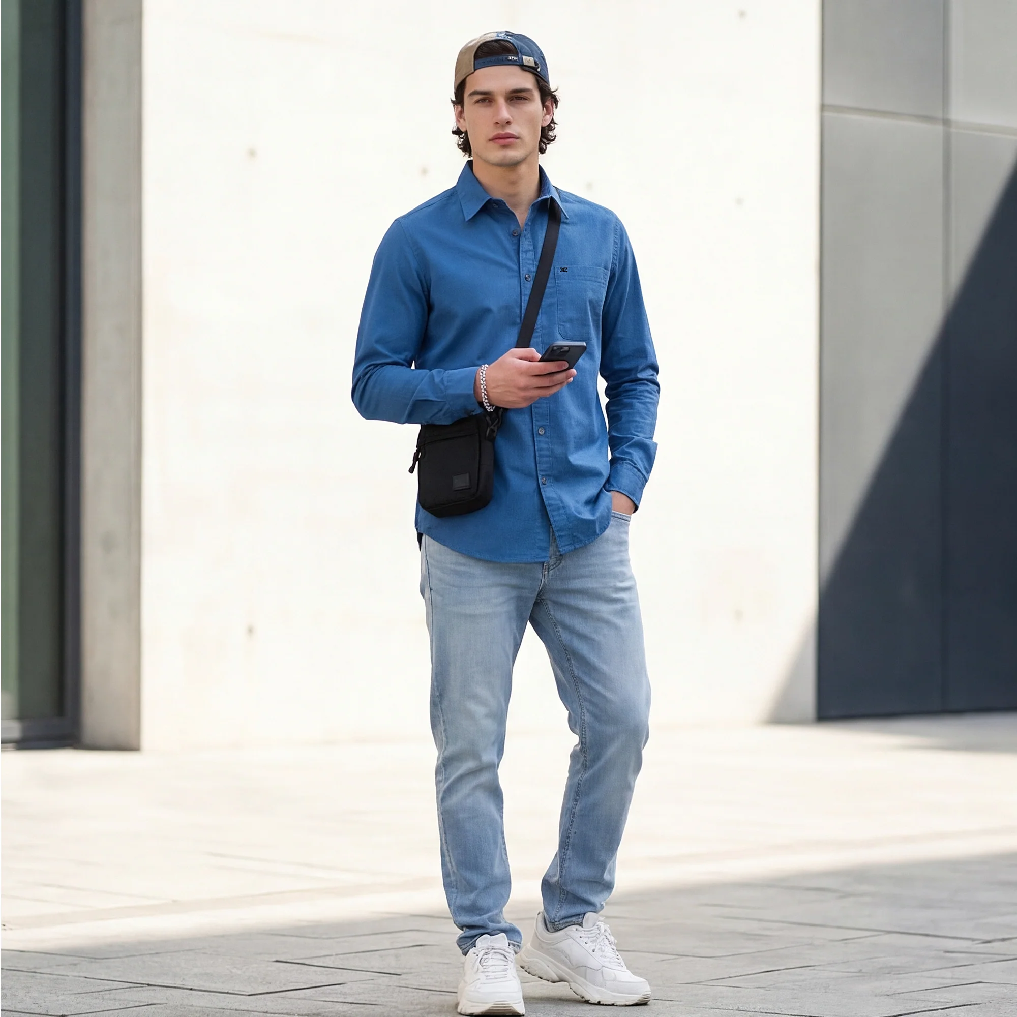 Full Sleeves Slim Fit Cobalt Blue Button-Down Oxford Solid Shirt
