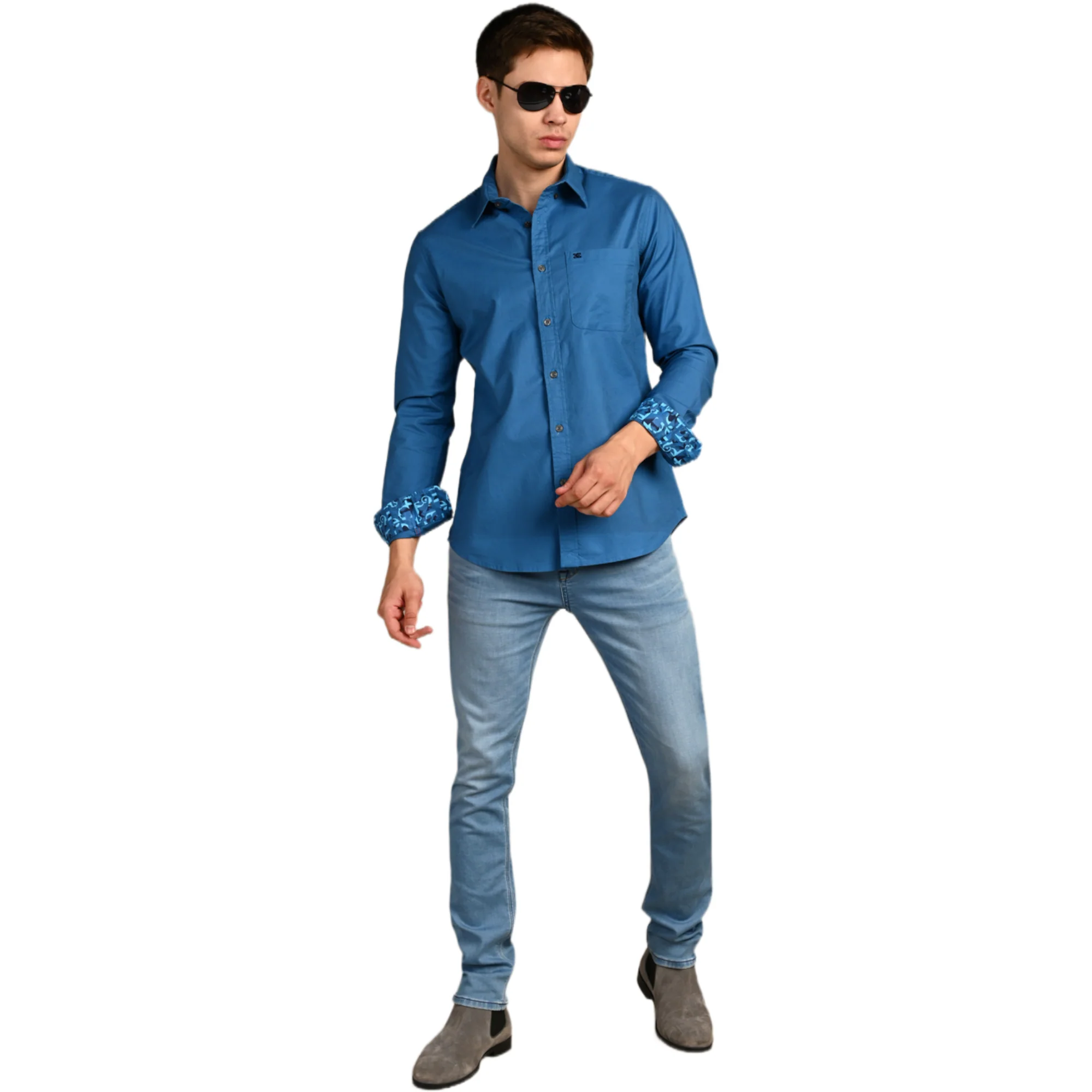 Full Sleeves Slim Fit Cobalt Blue Button-Down Oxford Solid Shirt - Image 3