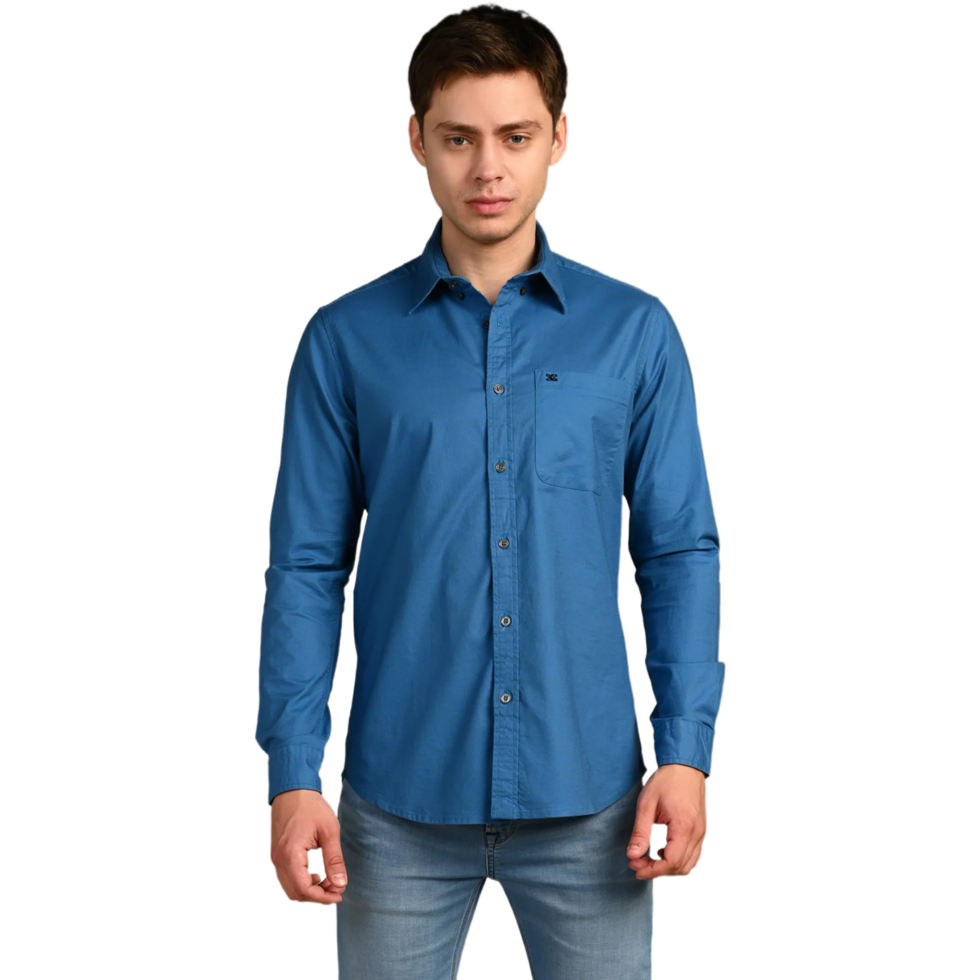 Full Sleeves Slim Fit Cobalt Blue Button-Down Oxford Solid Shirt - Image 4
