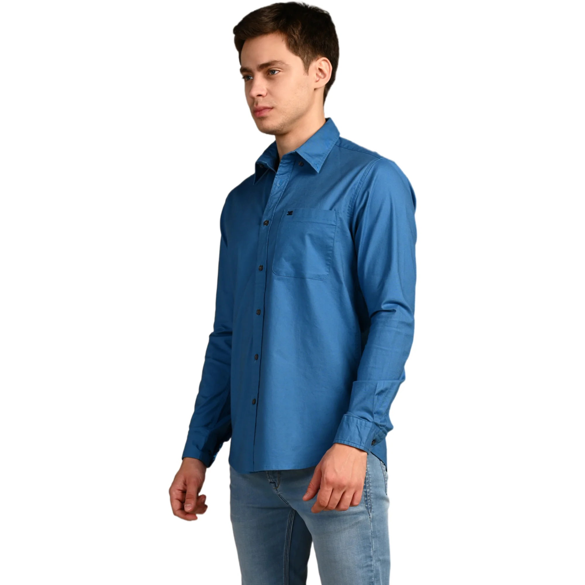 Full Sleeves Slim Fit Cobalt Blue Button-Down Oxford Solid Shirt - Image 5