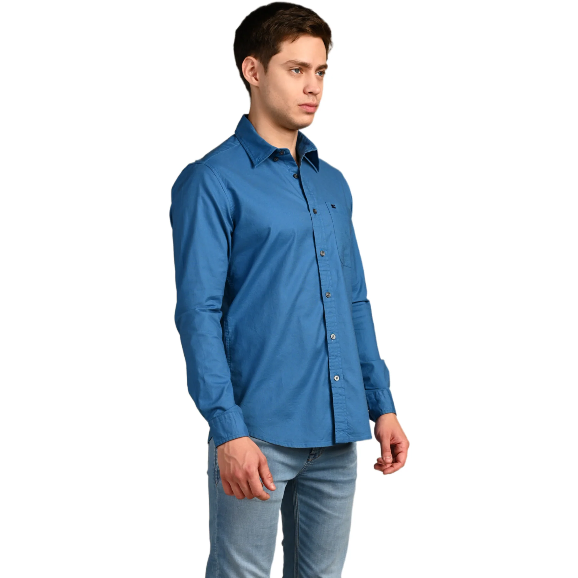 Full Sleeves Slim Fit Cobalt Blue Button-Down Oxford Solid Shirt - Image 6