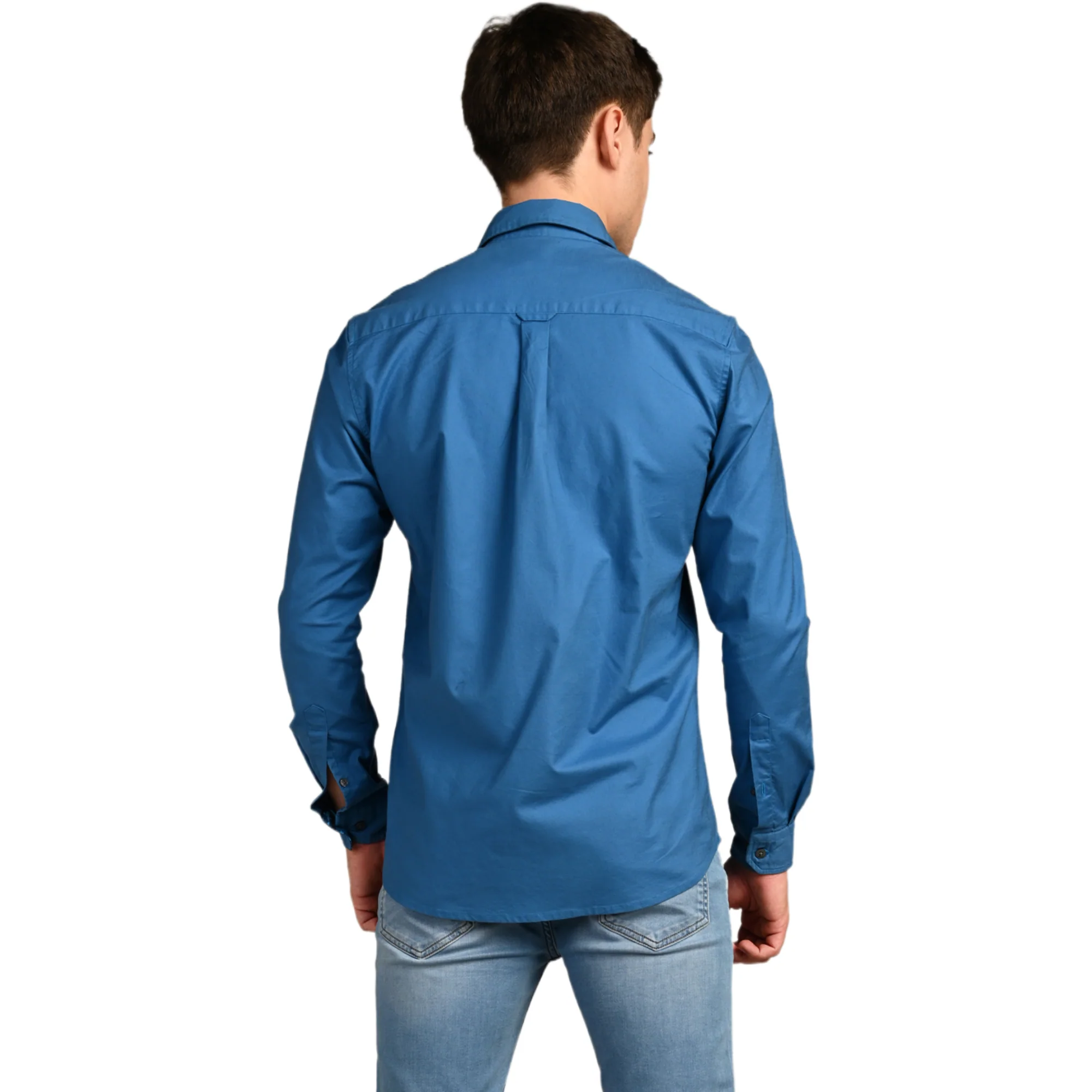 Full Sleeves Slim Fit Cobalt Blue Button-Down Oxford Solid Shirt - Image 7