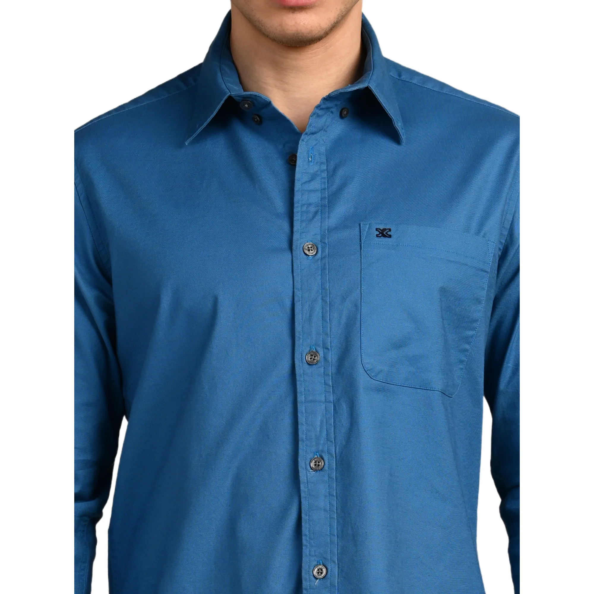 Full Sleeves Slim Fit Cobalt Blue Button-Down Oxford Solid Shirt - Image 8