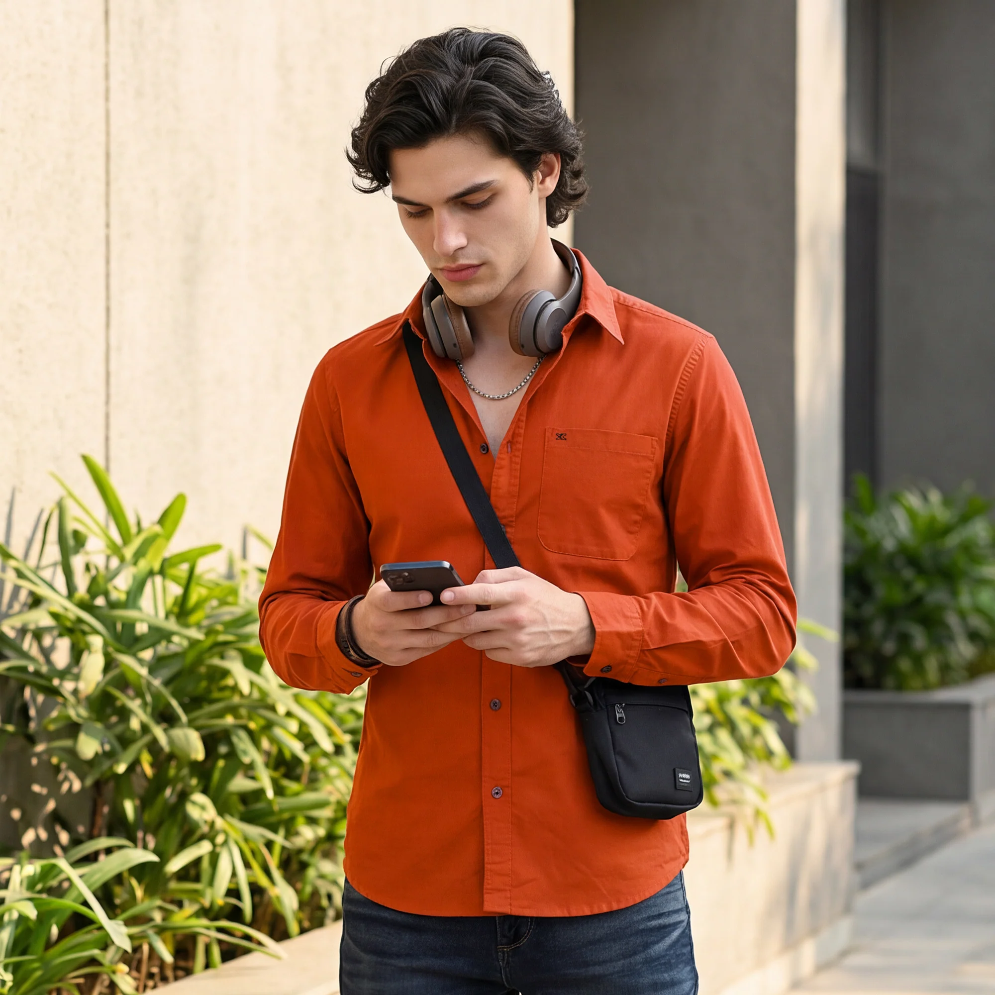 Full Sleeves Slim Fit Brick Red Button-Down Oxford Solid Shirt - Image 2