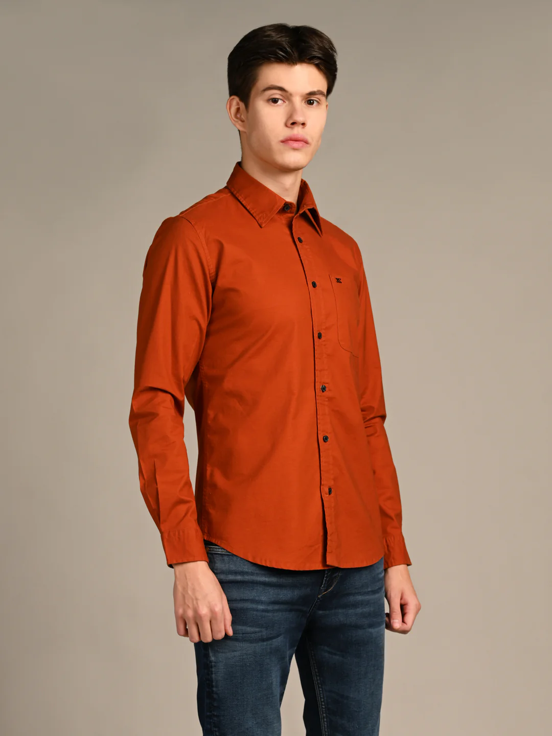 Full Sleeves Slim Fit Brick Red Button-Down Oxford Solid Shirt - Image 3