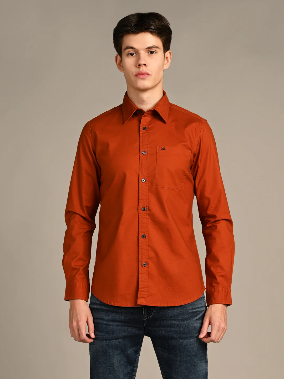 Full Sleeves Slim Fit Brick Red Button-Down Oxford Solid Shirt - Image 4