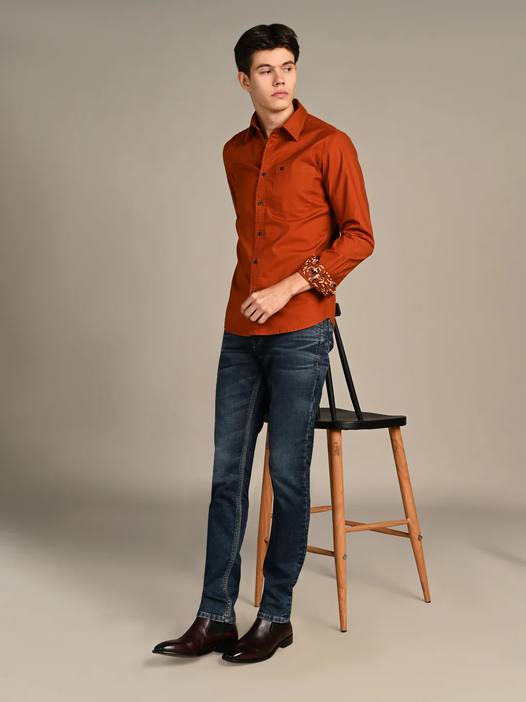 Full Sleeves Slim Fit Brick Red Button-Down Oxford Solid Shirt - Image 5