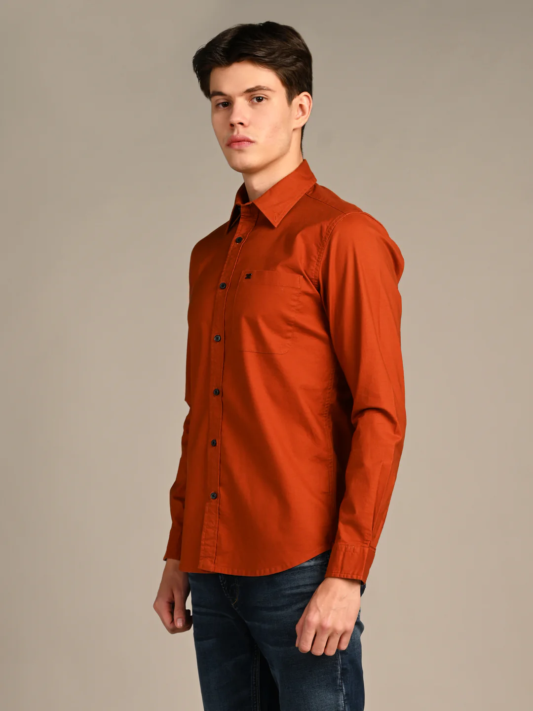 Full Sleeves Slim Fit Brick Red Button-Down Oxford Solid Shirt - Image 6