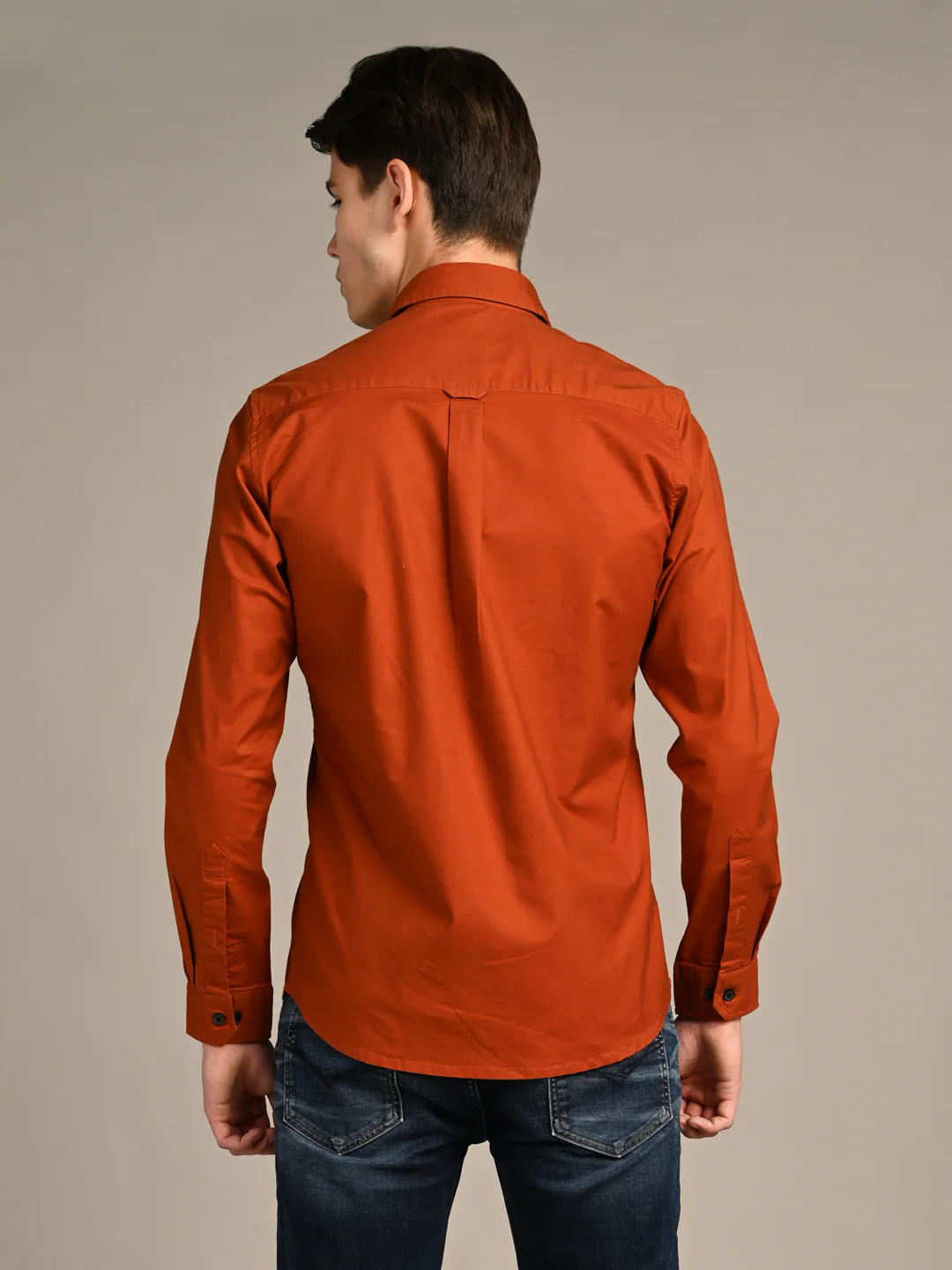 Full Sleeves Slim Fit Brick Red Button-Down Oxford Solid Shirt - Image 7