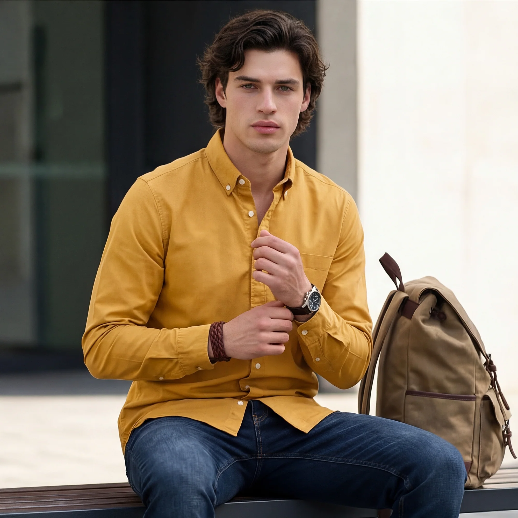 Full Sleeves Slim Fit Mustard Button-Down Oxford Solid Shirt - Image 2