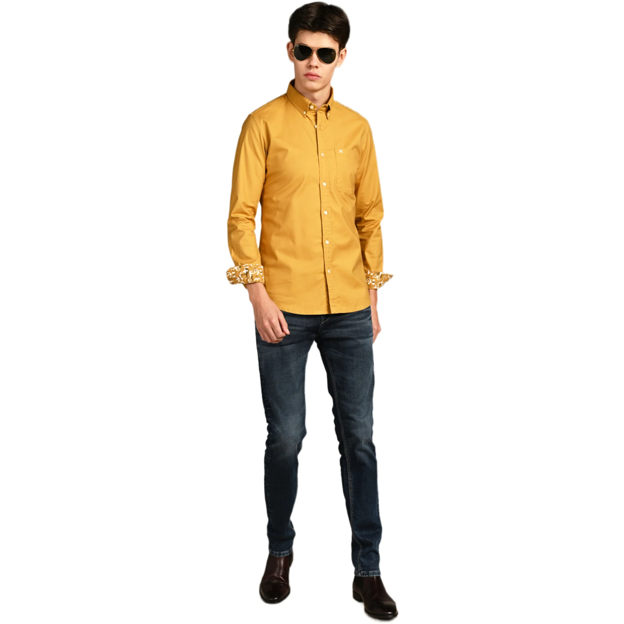 Full Sleeves Slim Fit Mustard Button-Down Oxford Solid Shirt - Image 3