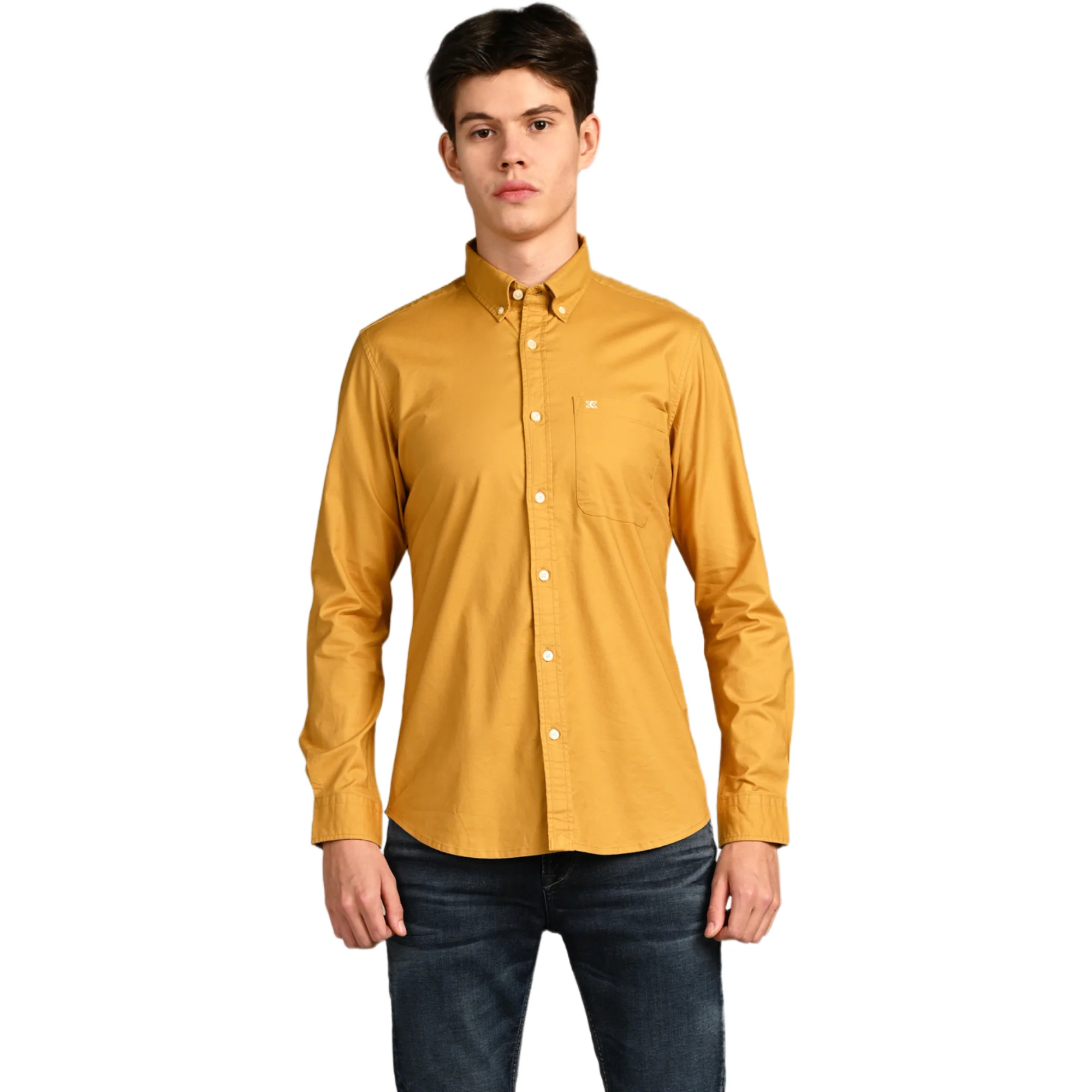 Full Sleeves Slim Fit Mustard Button-Down Oxford Solid Shirt - Image 4