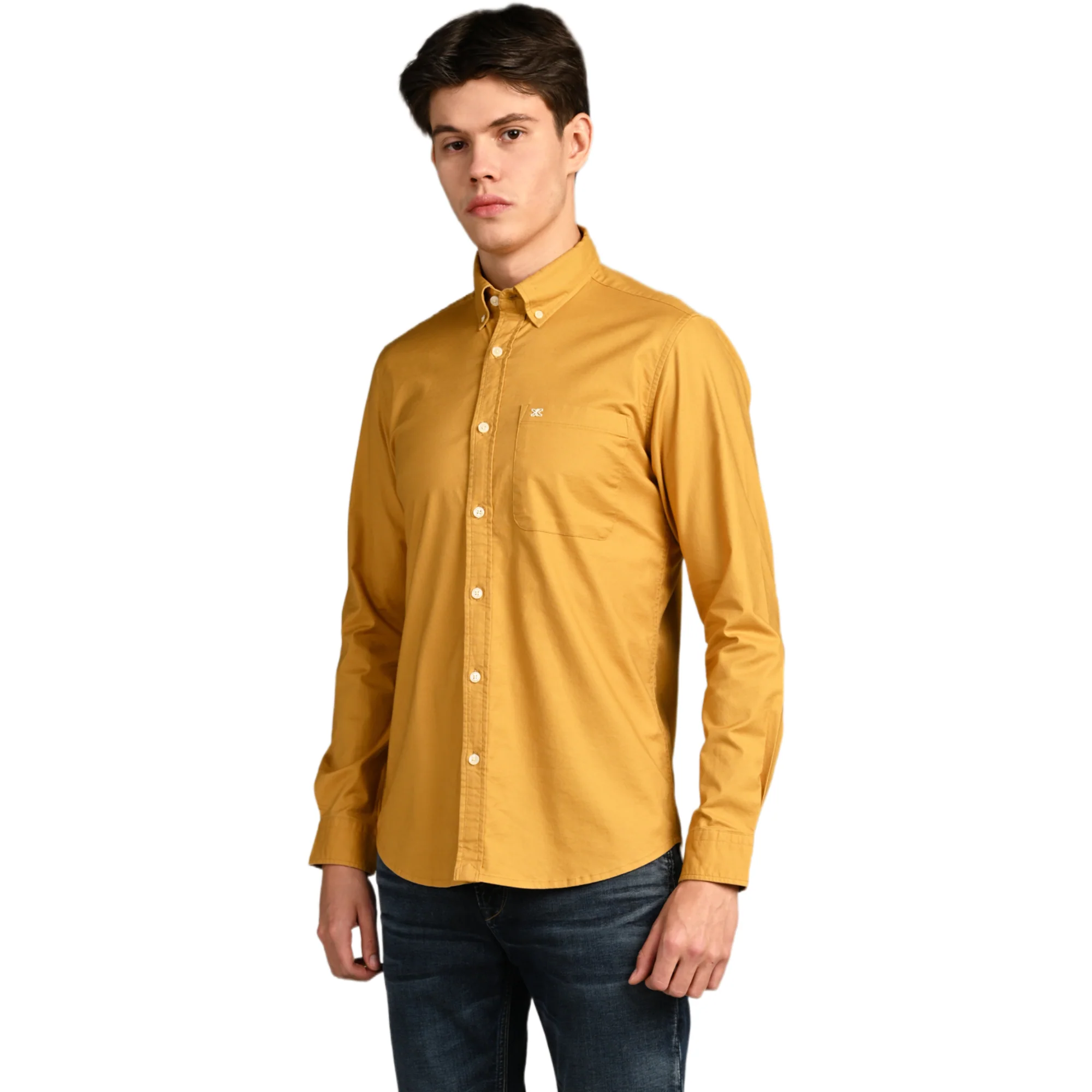 Full Sleeves Slim Fit Mustard Button-Down Oxford Solid Shirt - Image 5