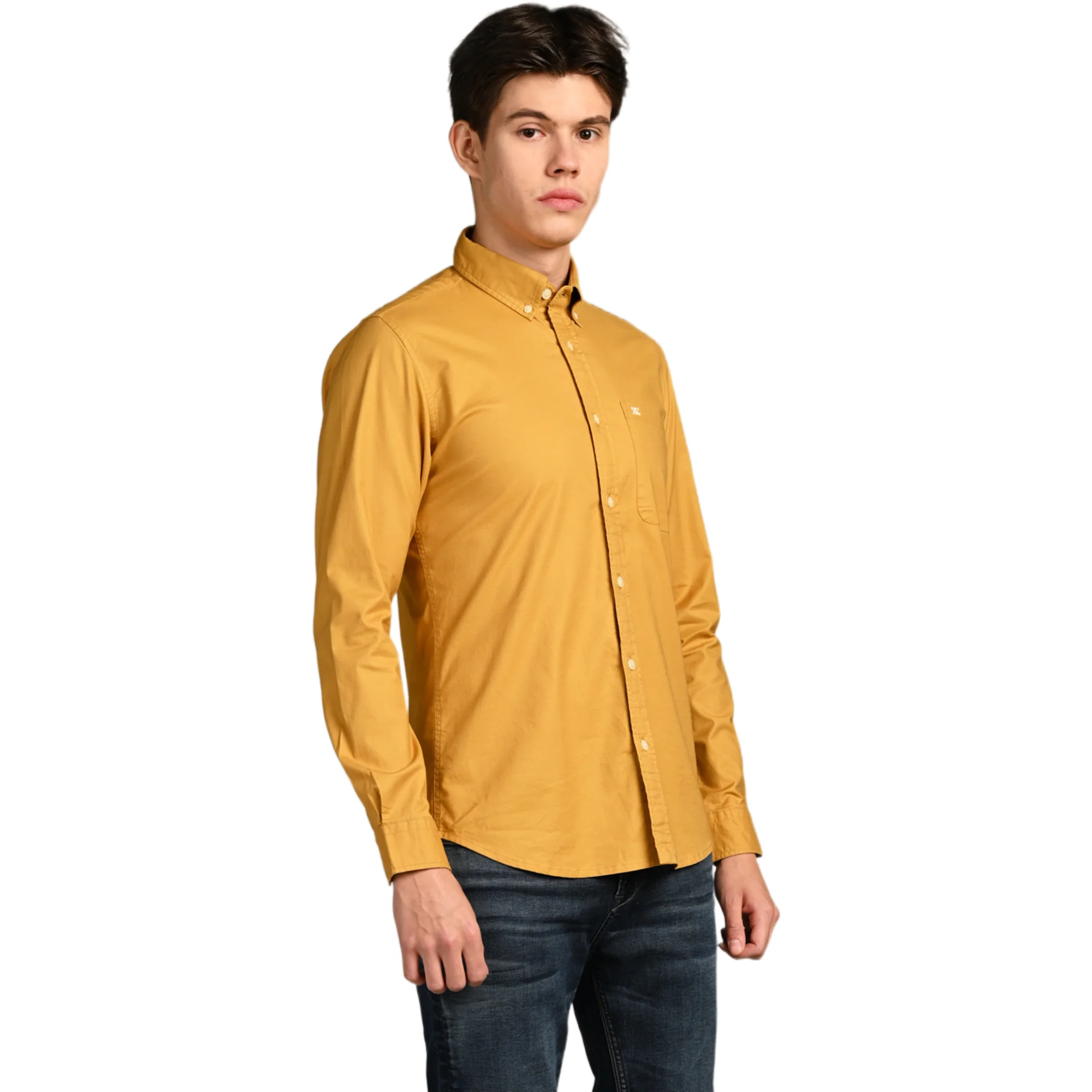 Full Sleeves Slim Fit Mustard Button-Down Oxford Solid Shirt - Image 6