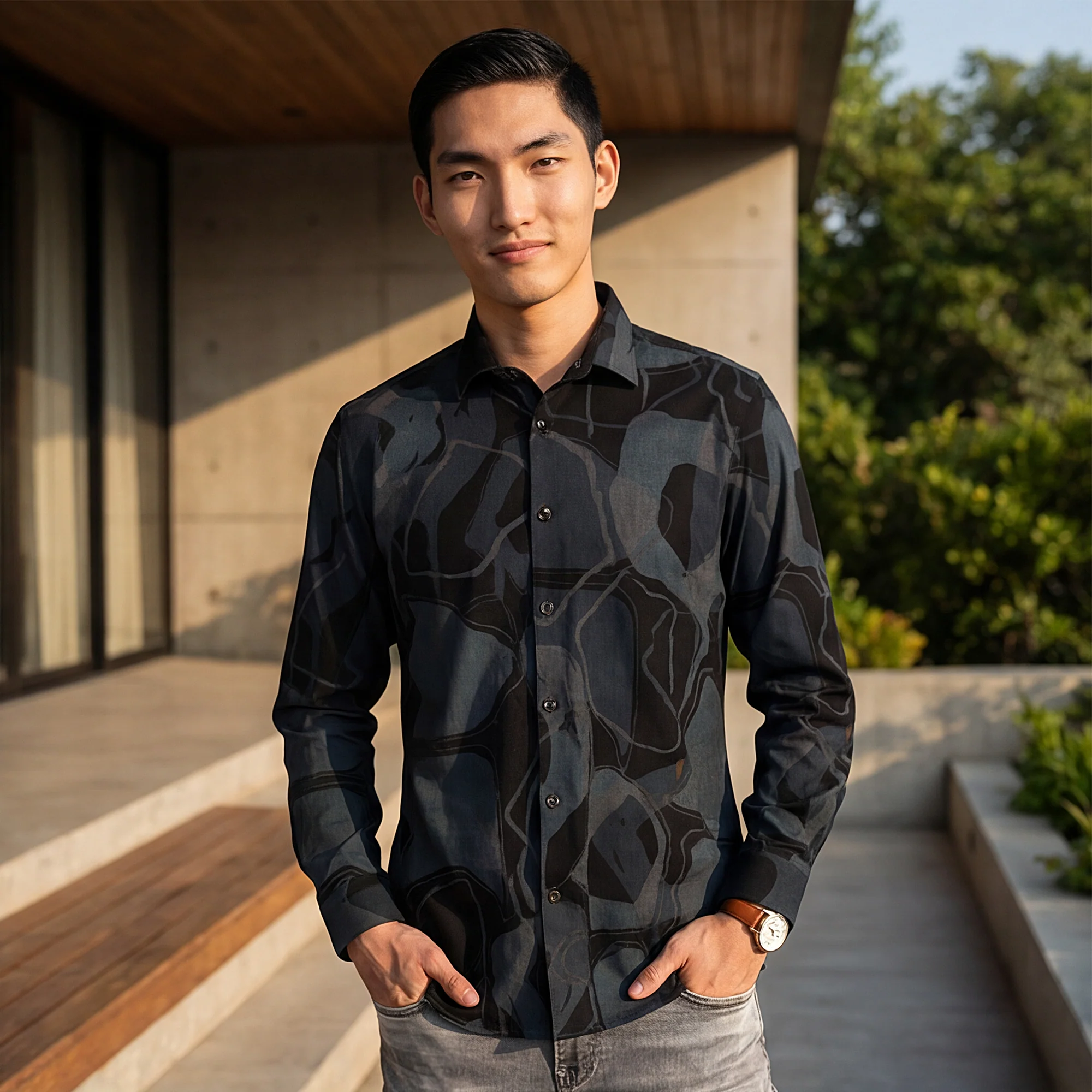 Full Sleeves Slim Fit Dusty Teal All-Over Big Abstract Melange Print Shirt - Image 2