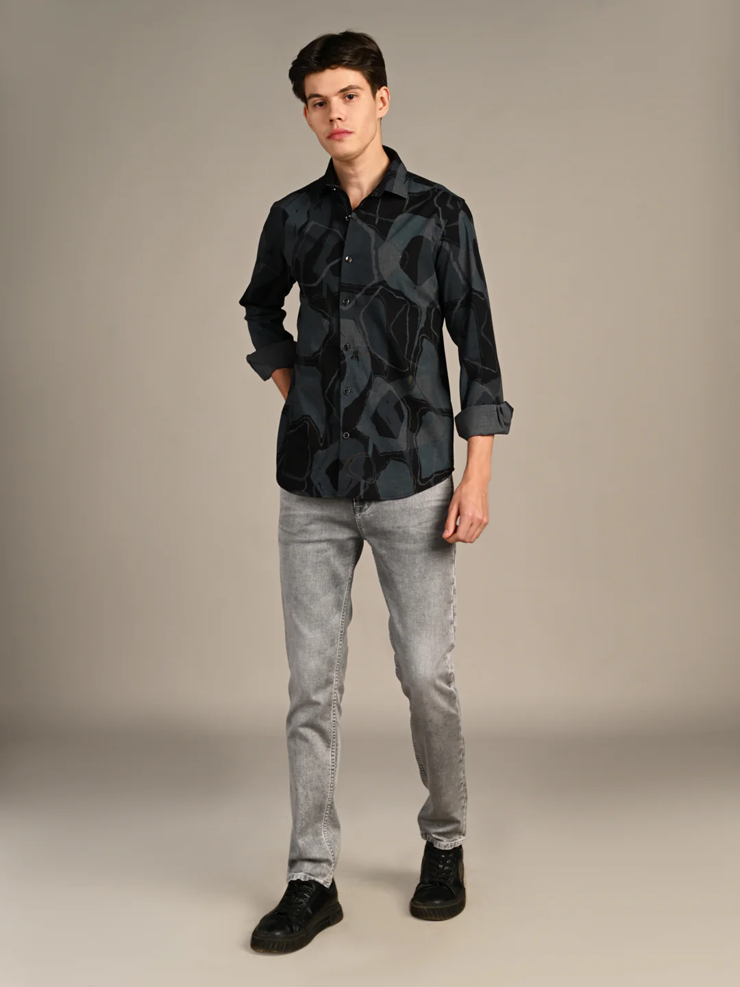 Full Sleeves Slim Fit Dusty Teal All-Over Big Abstract Melange Print Shirt - Image 3