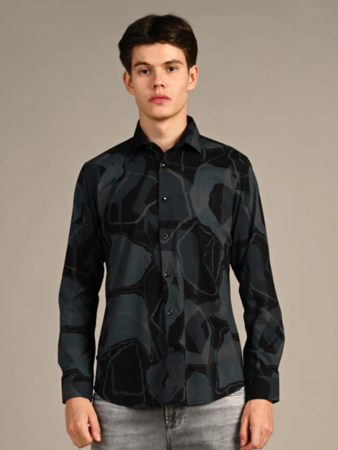 Full Sleeves Slim Fit Dusty Teal All-Over Big Abstract Melange Print Shirt - Image 4