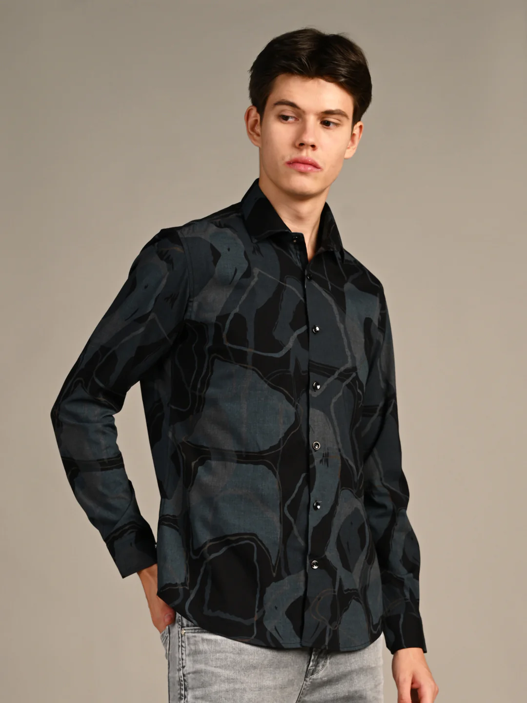 Full Sleeves Slim Fit Dusty Teal All-Over Big Abstract Melange Print Shirt - Image 5