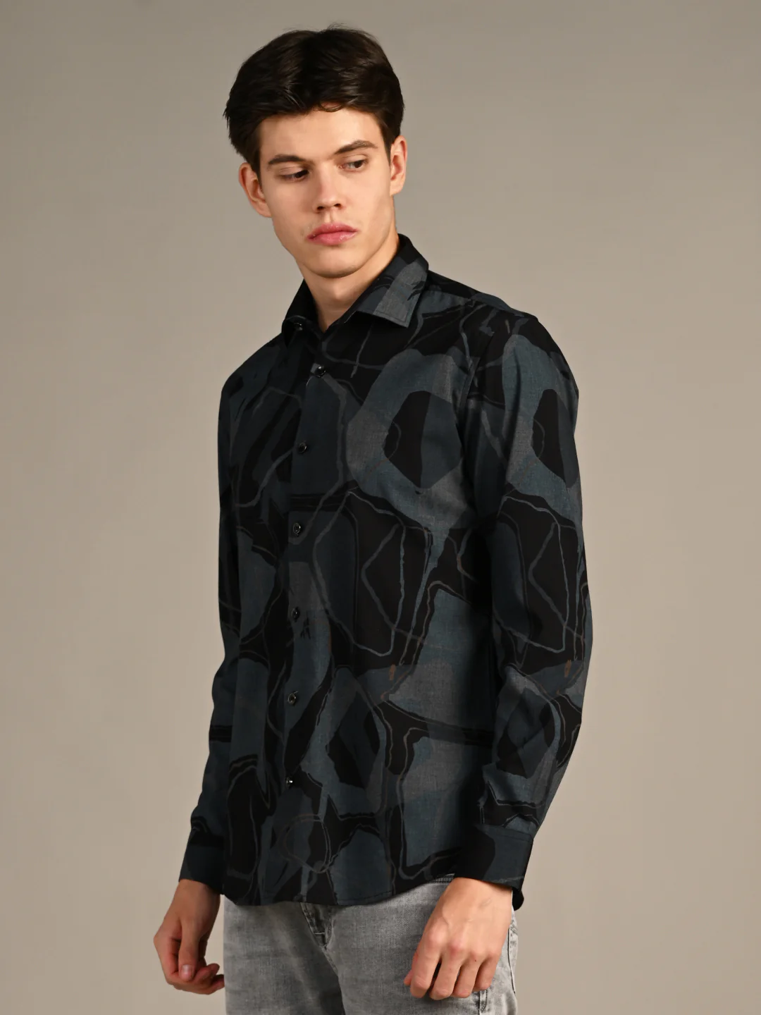 Full Sleeves Slim Fit Dusty Teal All-Over Big Abstract Melange Print Shirt - Image 6