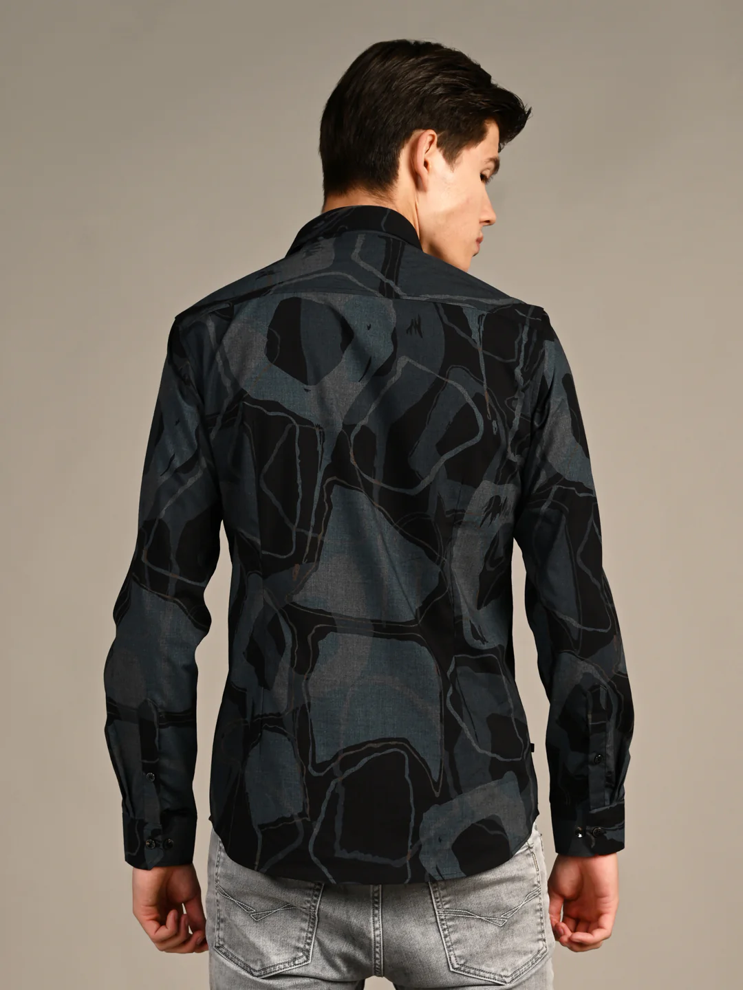 Full Sleeves Slim Fit Dusty Teal All-Over Big Abstract Melange Print Shirt - Image 7