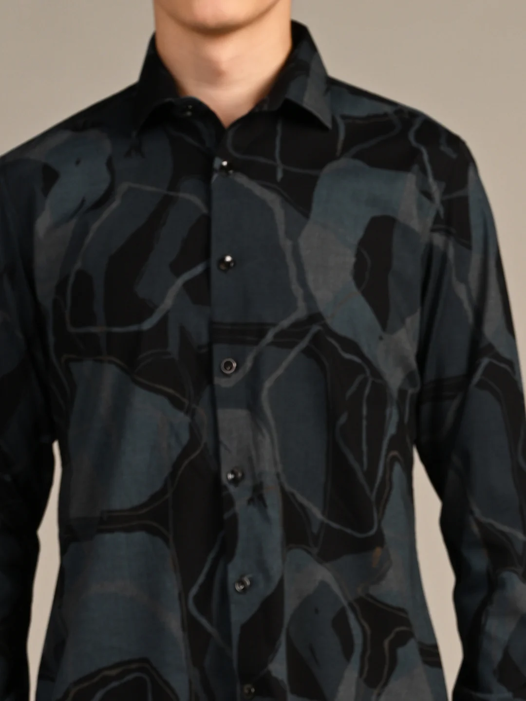 Full Sleeves Slim Fit Dusty Teal All-Over Big Abstract Melange Print Shirt - Image 8